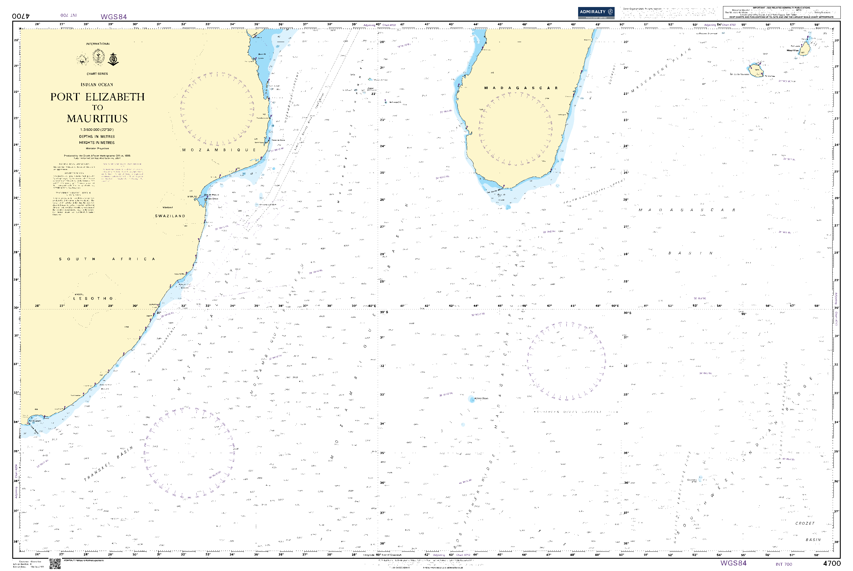 British Admiralty Nautical Chart 4700: Indian Ocean, Port Elizabeth to Mauritius