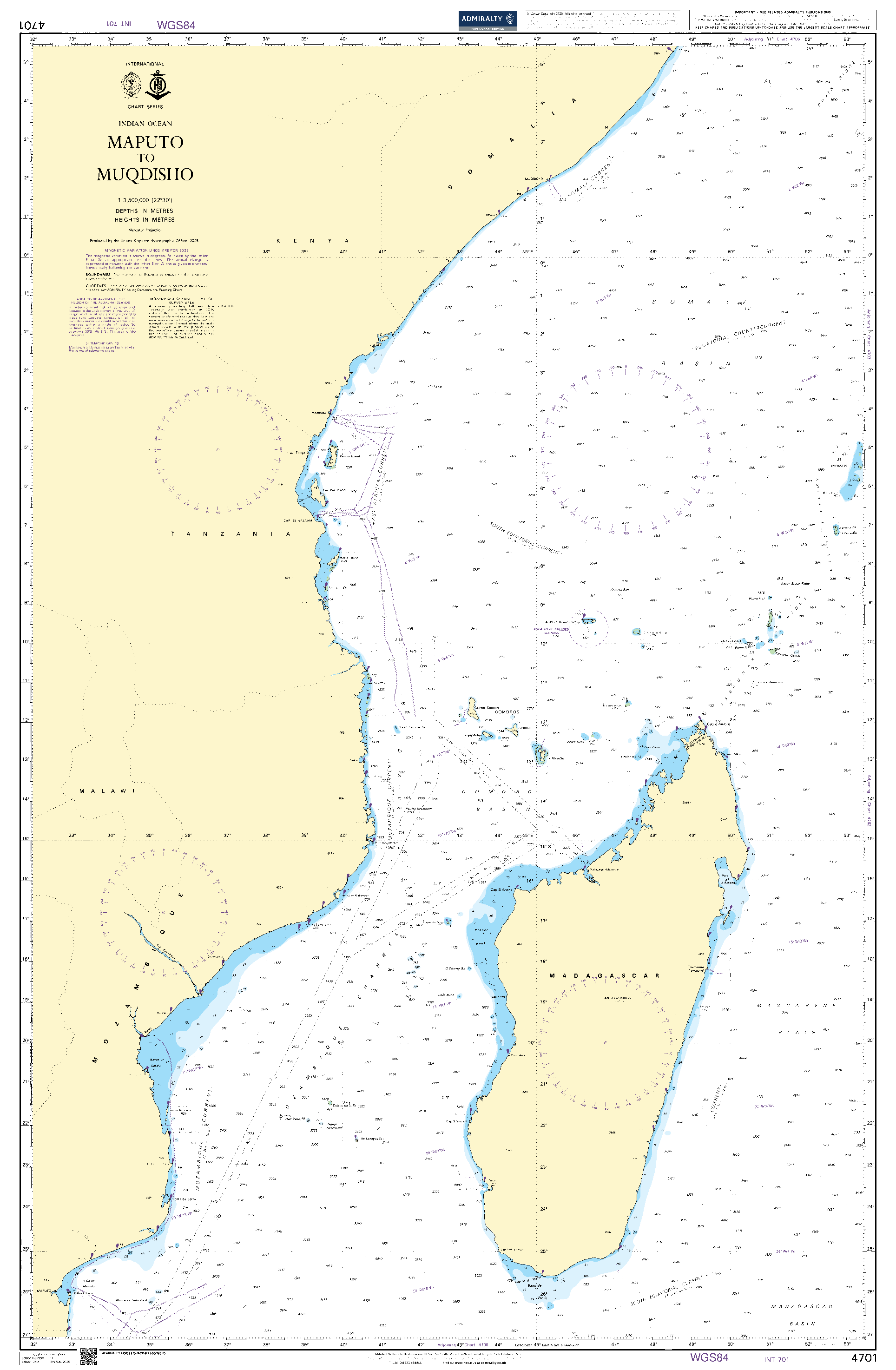 British Admiralty Nautical Chart  4701: Indian Ocean, Maputo to Muqdisho