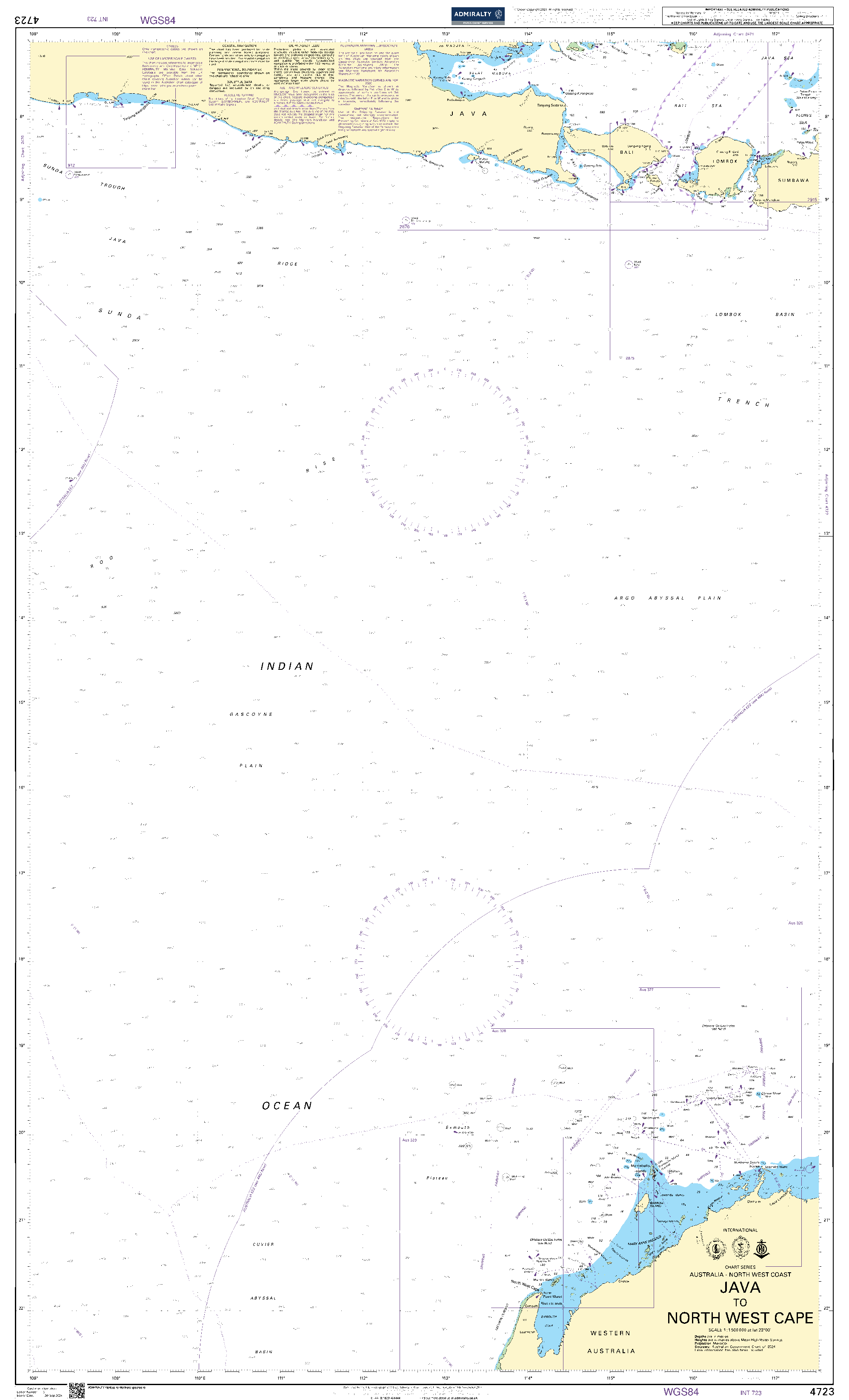 British Admiralty Nautical Chart 4723: Indian Ocean, Jawa to North West Cape.