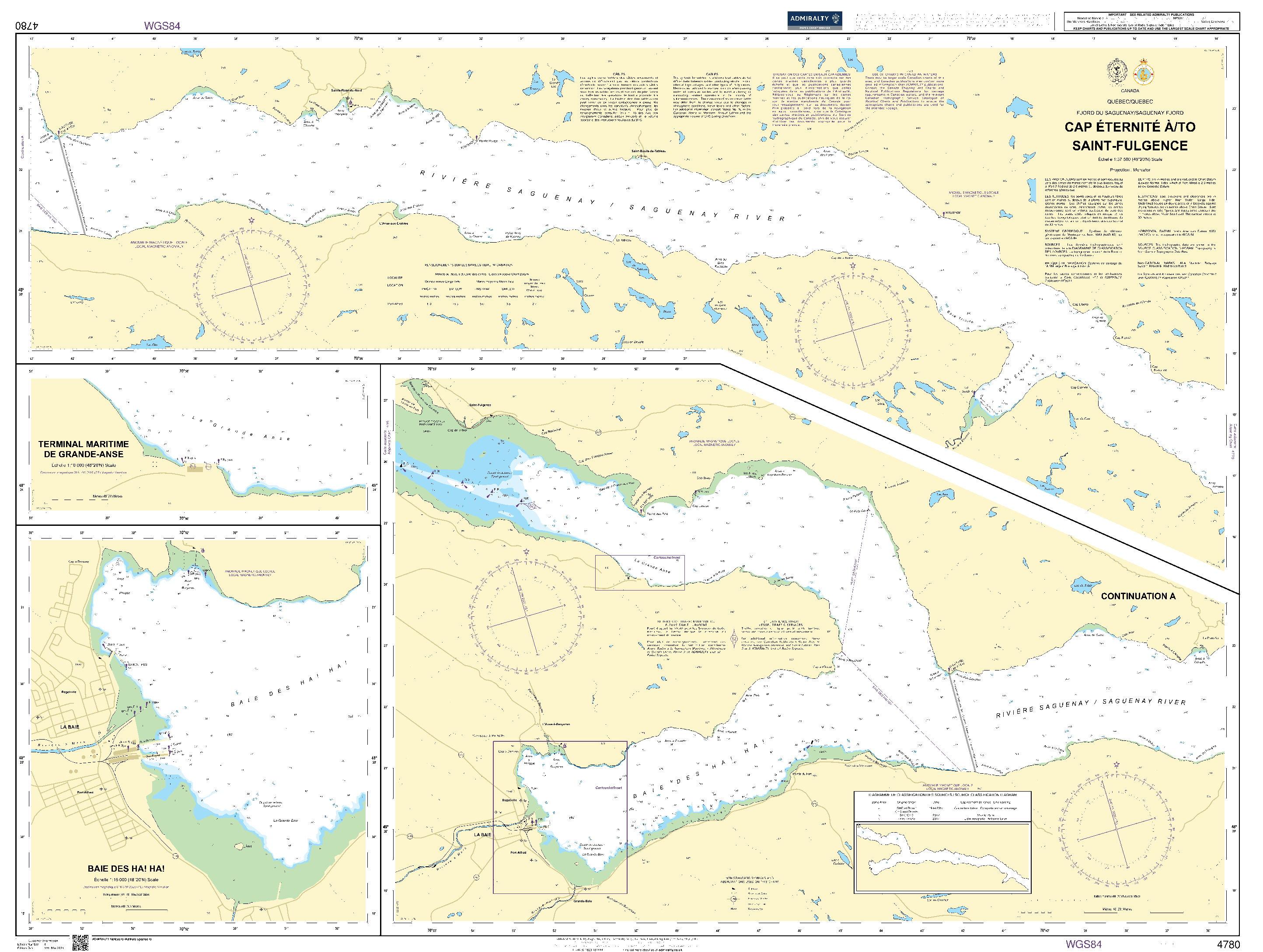 British Admiralty Nautical Chart  4780: Canada, Québec/Quebec, Fjord du Saguenay/Saguenay Fjord, Cap Éternité à/to Saint-Fulgence