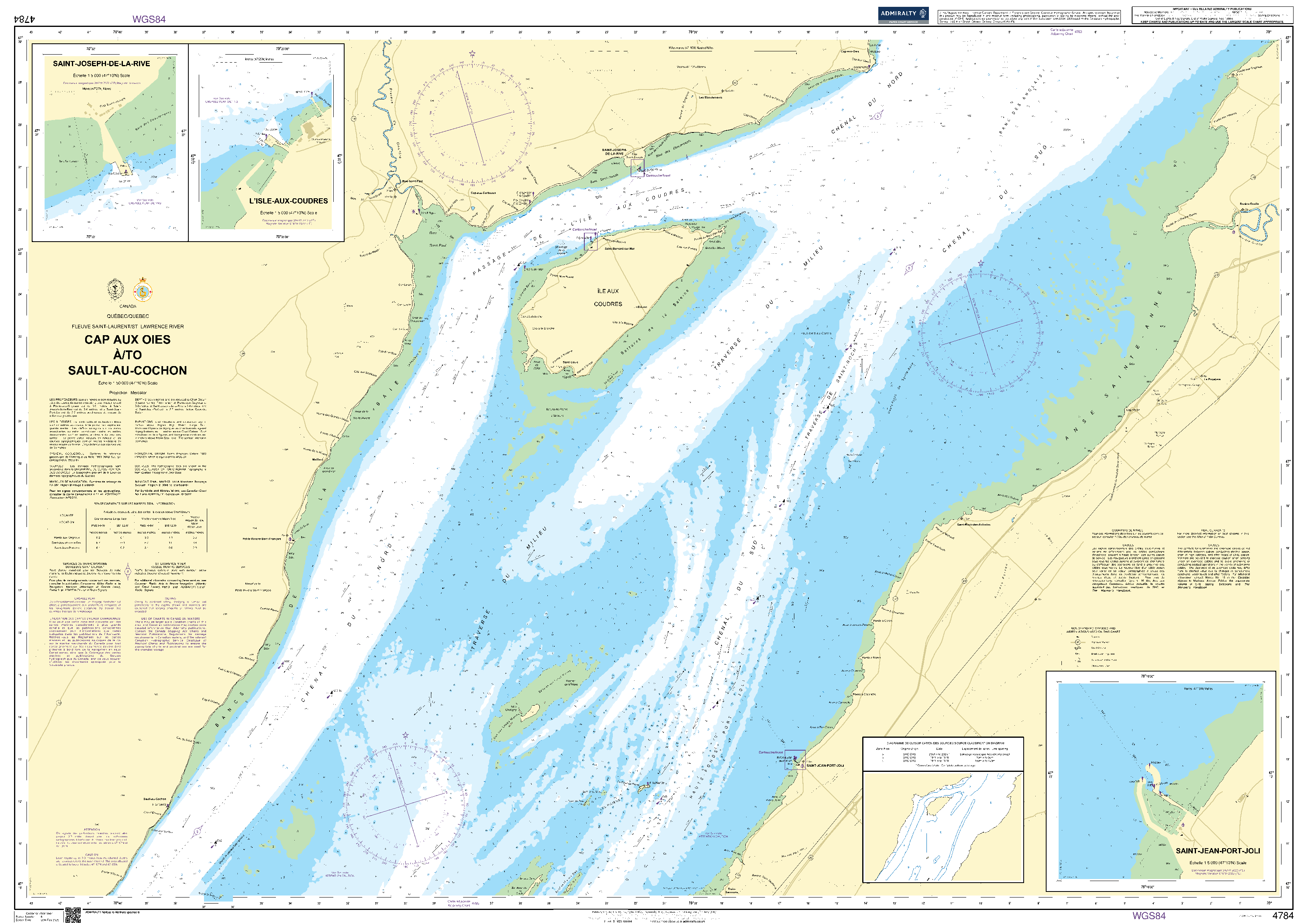 British Admiralty Nautical Chart 4784: Canada, Québec/Quebec, Fleuve Saint-Laurent/St. Lawrence River, Cap aux Oies à/to Sault-au-Cochon