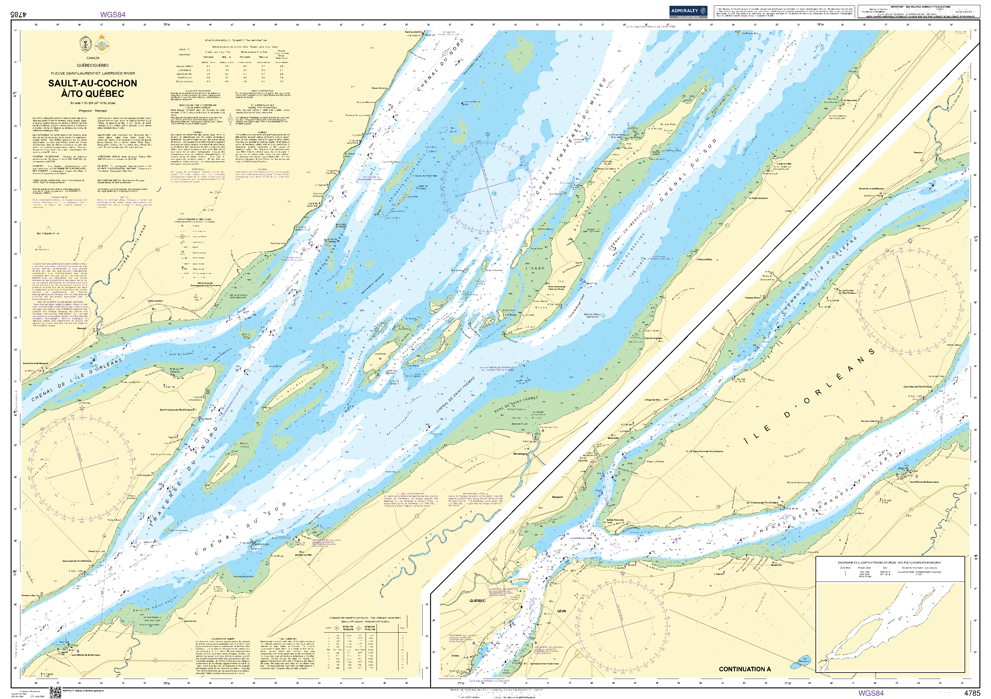 British Admiralty Nautical Chart 4785: Canada, Québec/Quebec, Fleuve Saint-Laurent/St. Lawrence River, Sault-au-Cochon à/to Québec