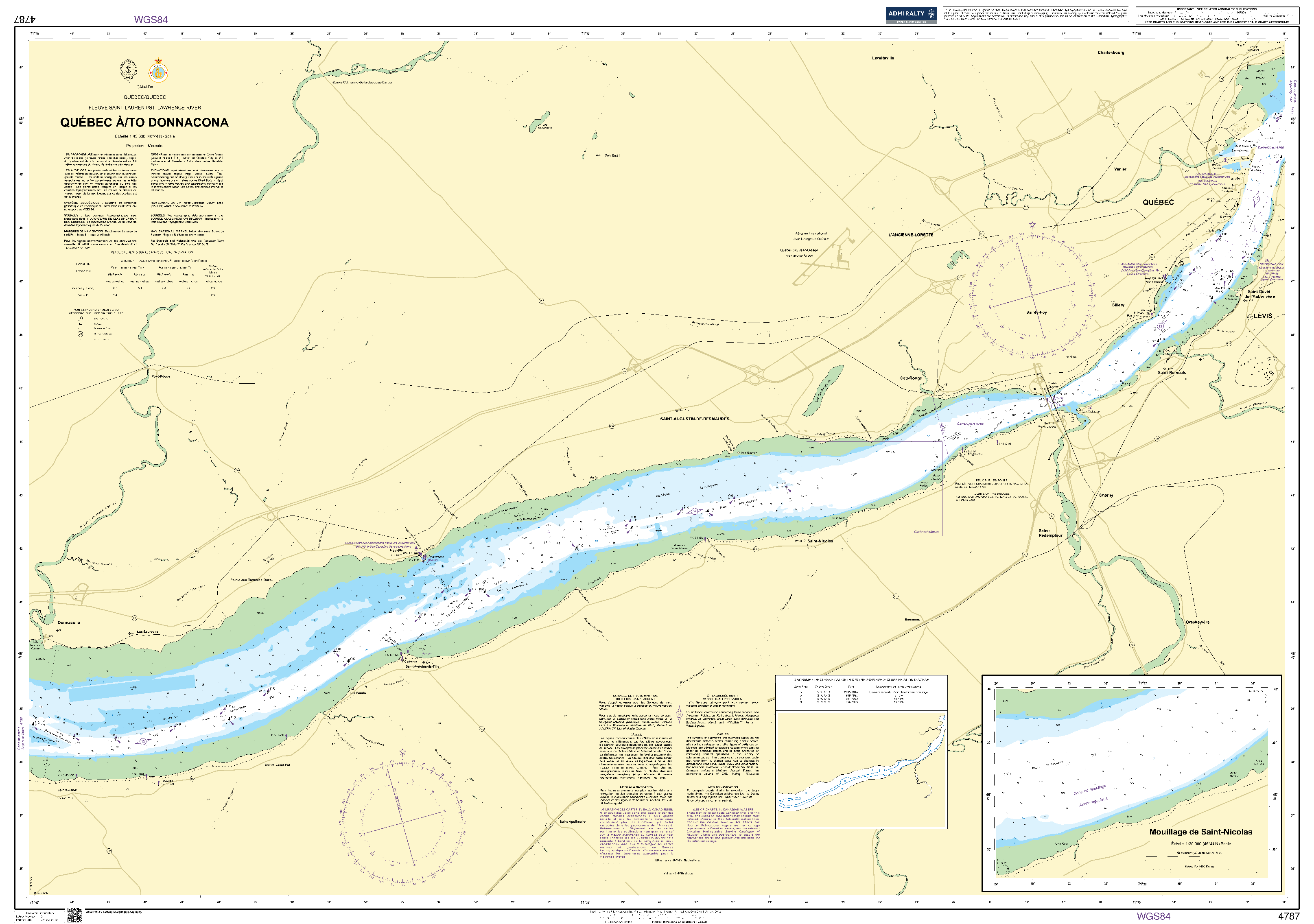 British Admiralty Nautical Chart  4787: Canada, Québec/Quebec, Fleuve Saint-Laurent/St. Lawrence River, Québec à/to Donnacona