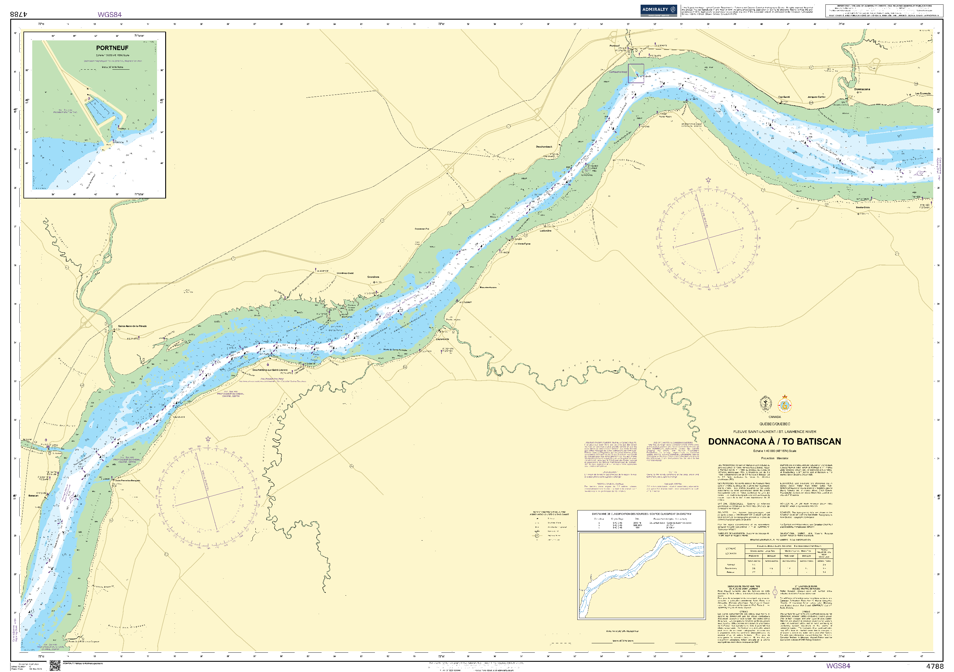 British Admiralty Nautical Chart 4788: Canada, Québec/Quebec, Fleuve Saint-Laurent/St. Lawrence River, Donnacona à/to Batiscan. Portneuf