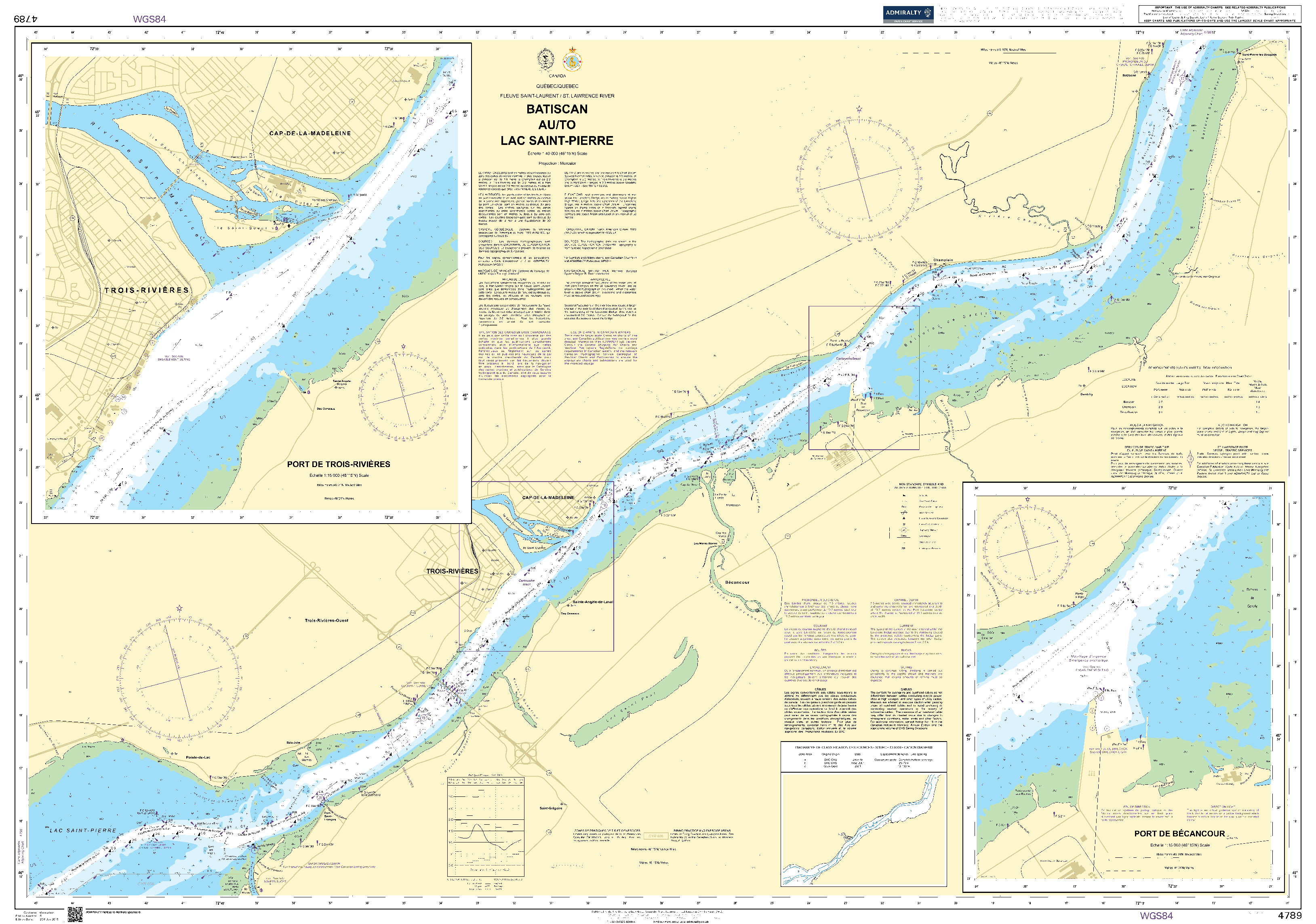British Admiralty Nautical Chart 4789: Canada, Québec/Quebec, Fleuve Saint-Laurent/St. Lawrence River, Batiscan au/to Lac Saint-Pierre. Port de Trois-Rivières. Port de Bécancour