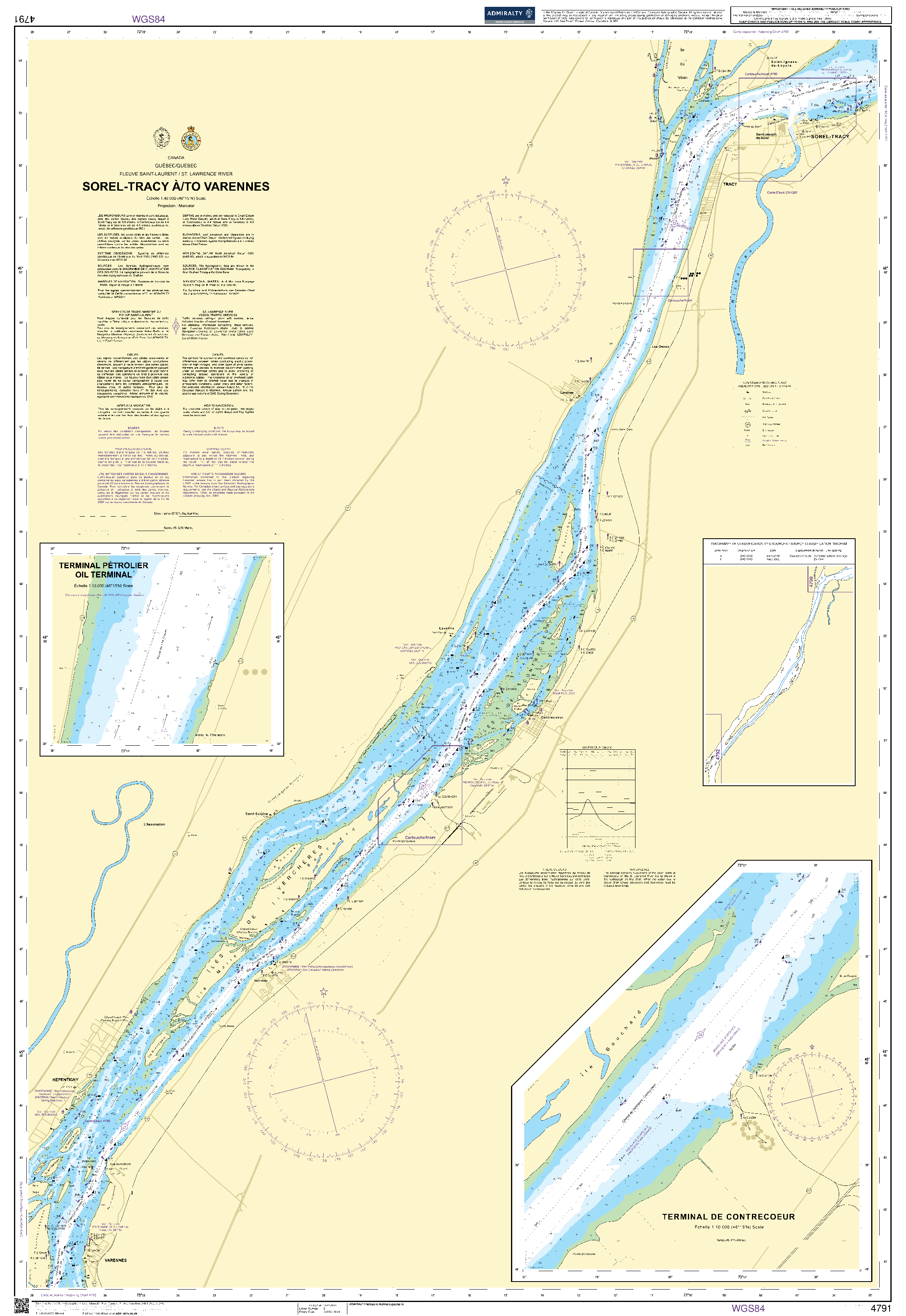 British Admiralty Nautical Chart  4791: Canada - Québec/Quebec - Fleuve Saint-Laurent / St. Lawrence River, Sorel-Tracy à/to Varennes