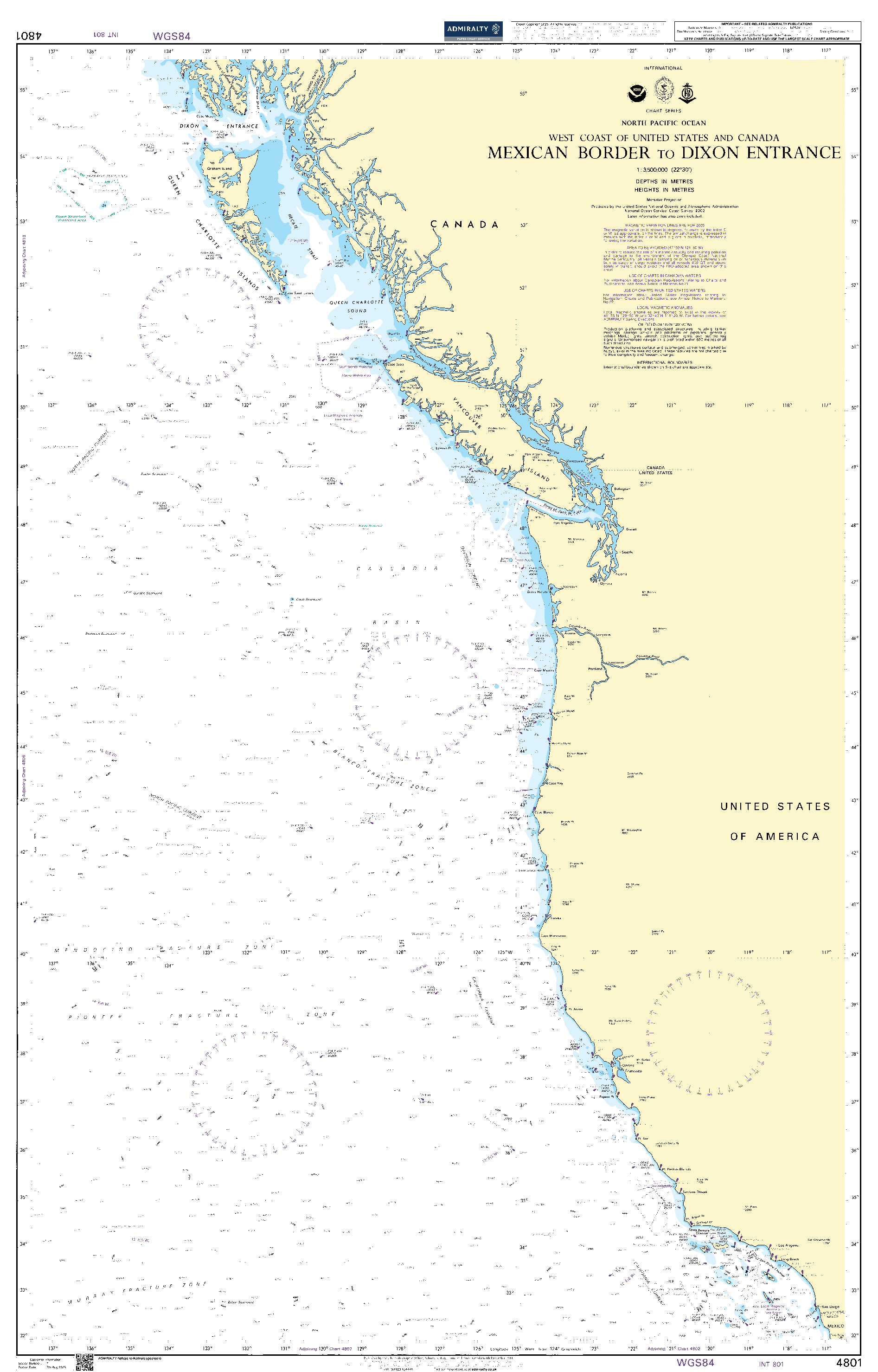 British Admiralty Nautical Chart 4801: North Pacific Ocean, West Coast of United States and Canada, Mexican Border to Dixon Entrance