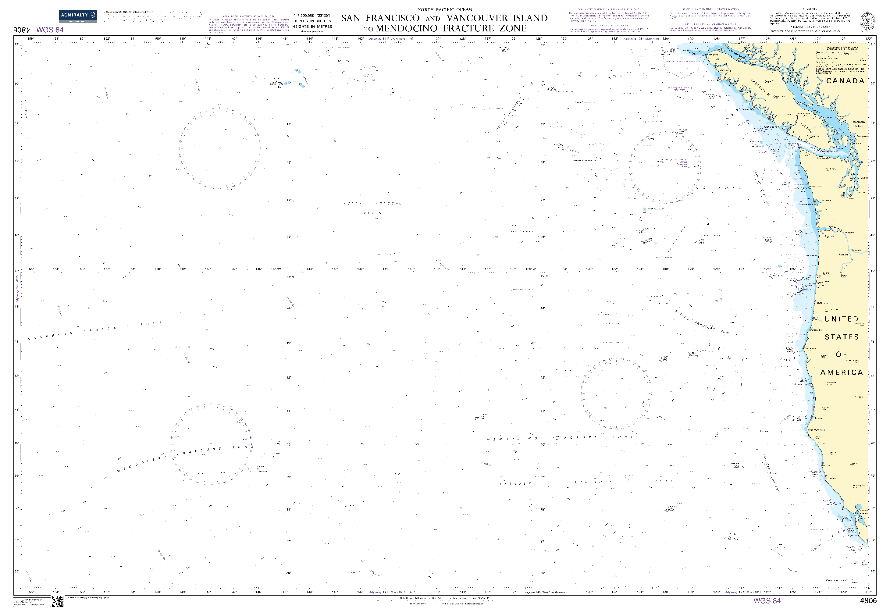 British Admiralty Nautical Chart 4806: North Pacific Ocean, San Francisco and Vancouver Island to Mendocino Fracture Zone