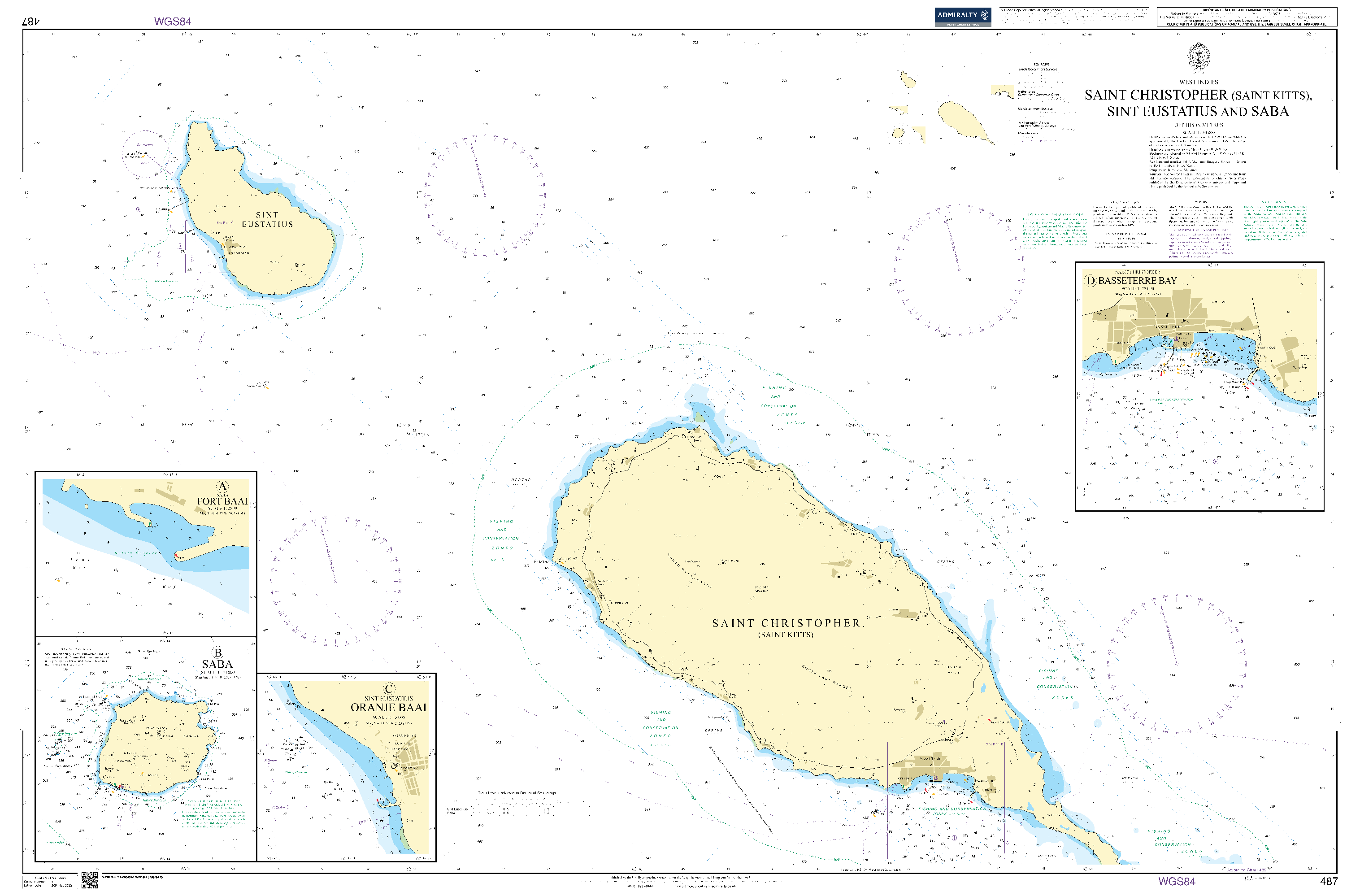 British Admiralty Nautical Chart 487: Saint Christopher (Saint Kitts), Sint Eustatius and Saba