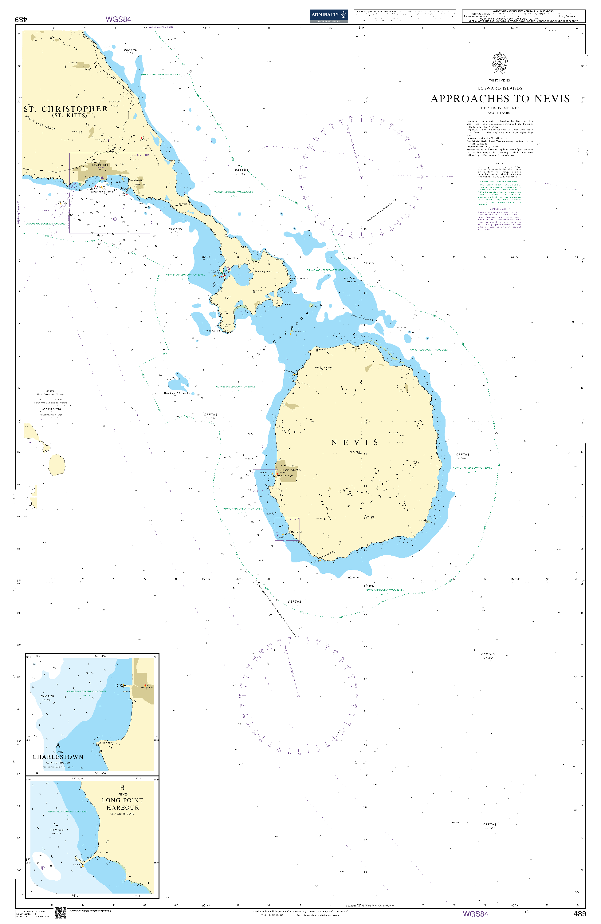 British Admiralty Nautical Chart 489: Approaches to Nevis
