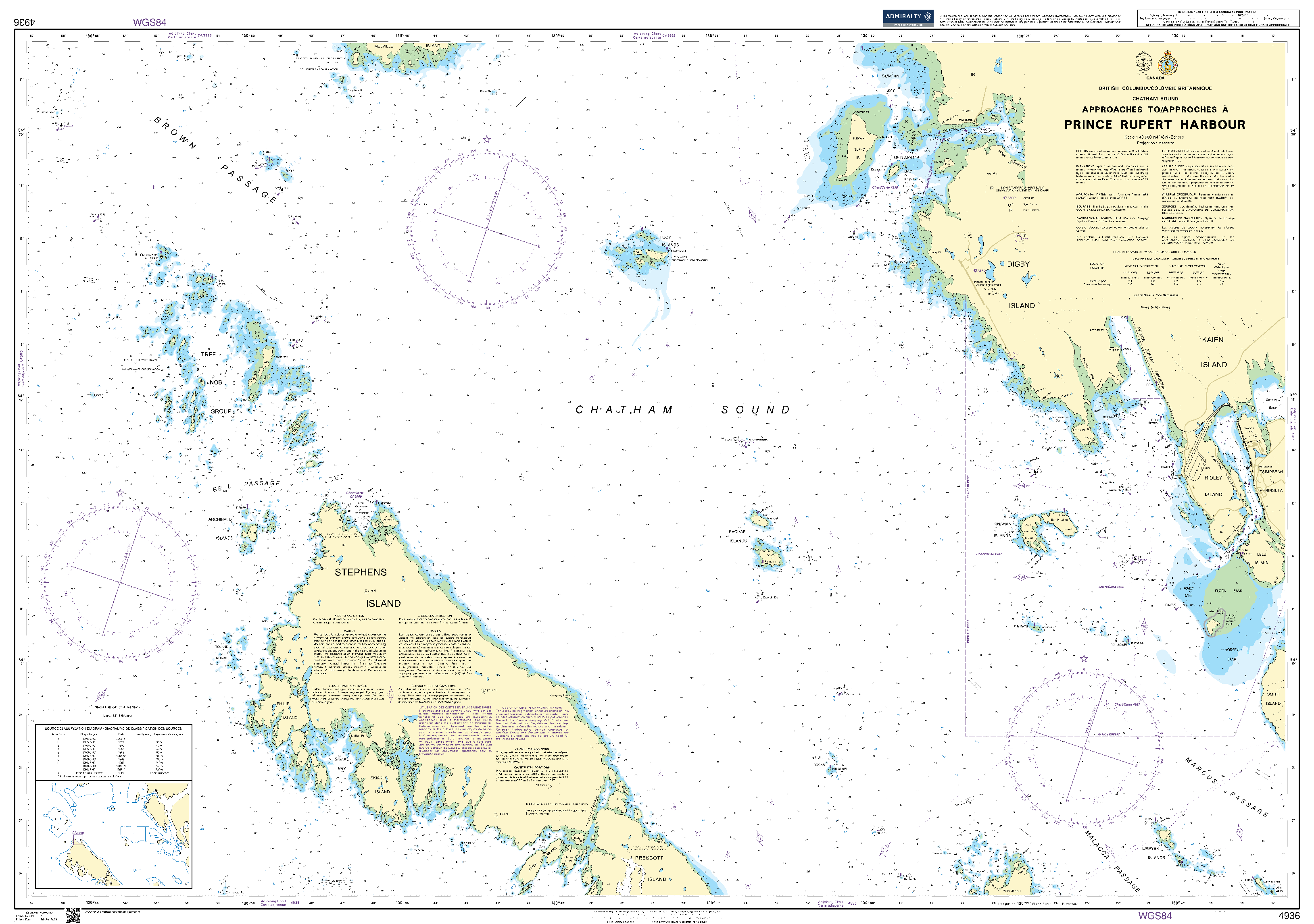 British Admiralty Nautical Chart 4936: Canada - British Columbia/Colombie-Britannique, Chatham Sound, Approaches to/Approches à Prince Rupert Harbour