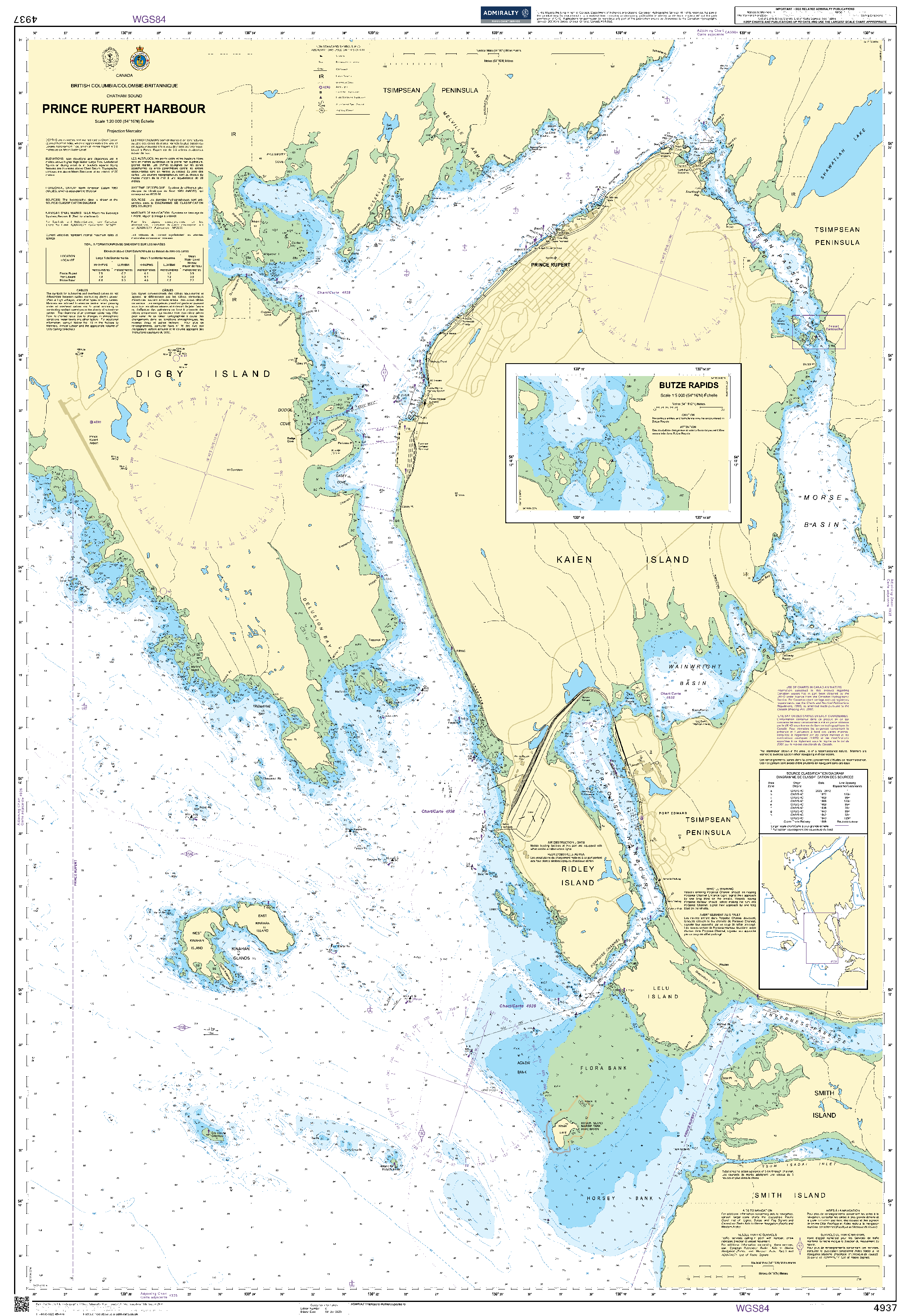 British Admiralty Nautical Chart 4937: Canada - British Columbia/Colombie-Britannique, Chatham Sound, Prince Rupert Harbour. Butze Rapids