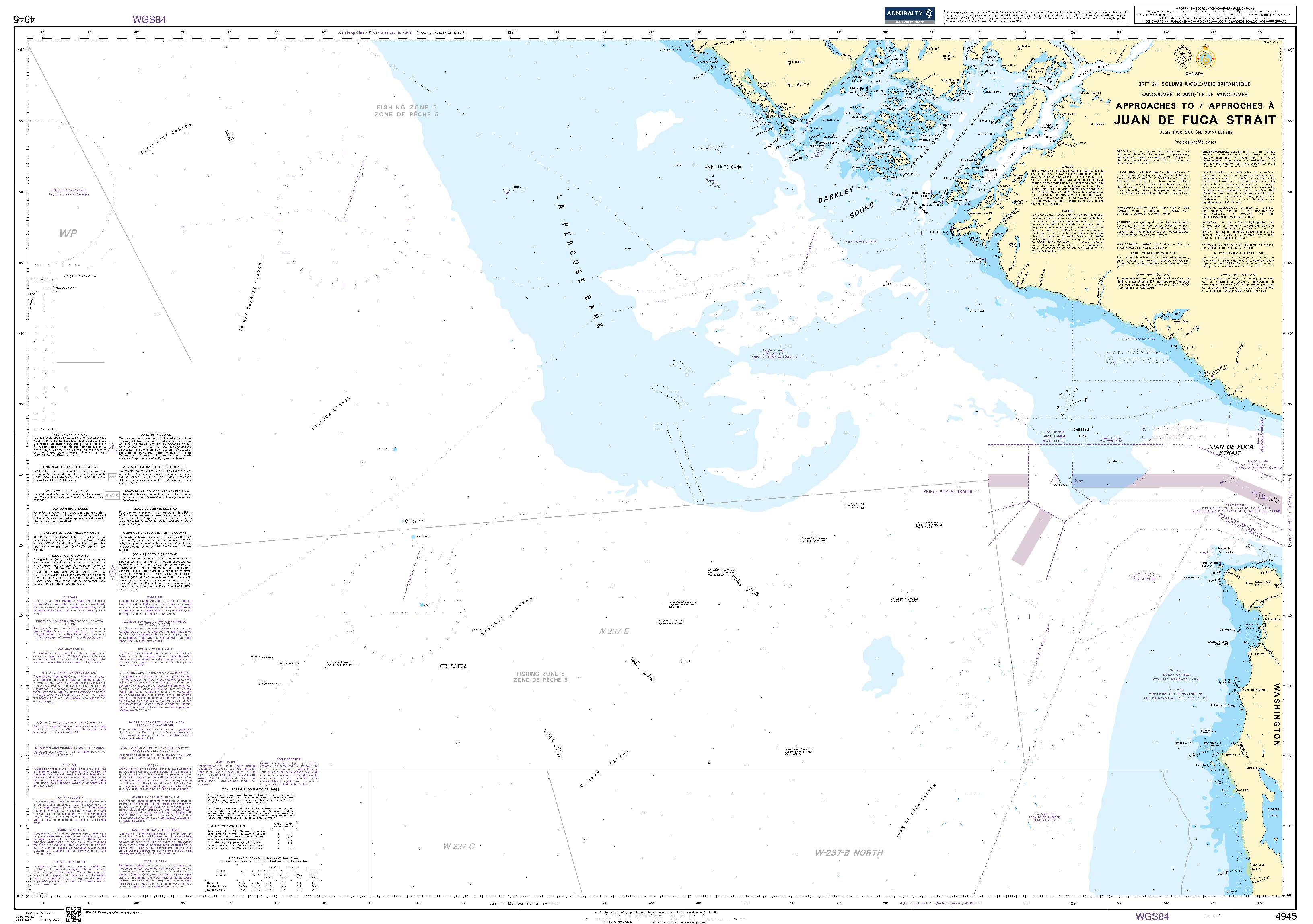 British Admiralty Nautical Chart 4945: Approaches to/Approches a Juan de Fuca Strait