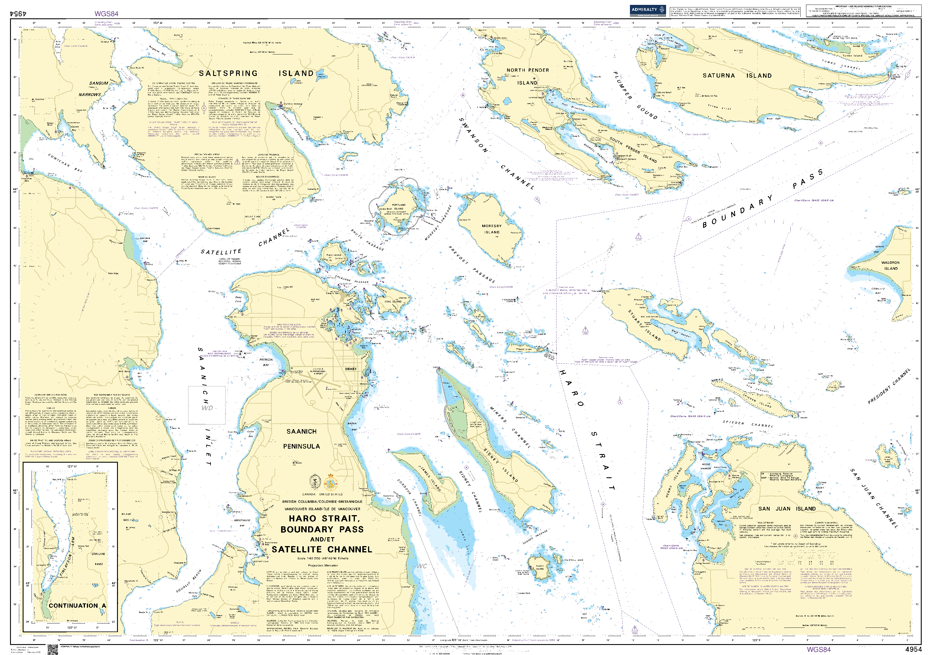 British Admiralty Nautical Chart 4954: Haro Strait, Boundary Pass and/et Satellite Channel