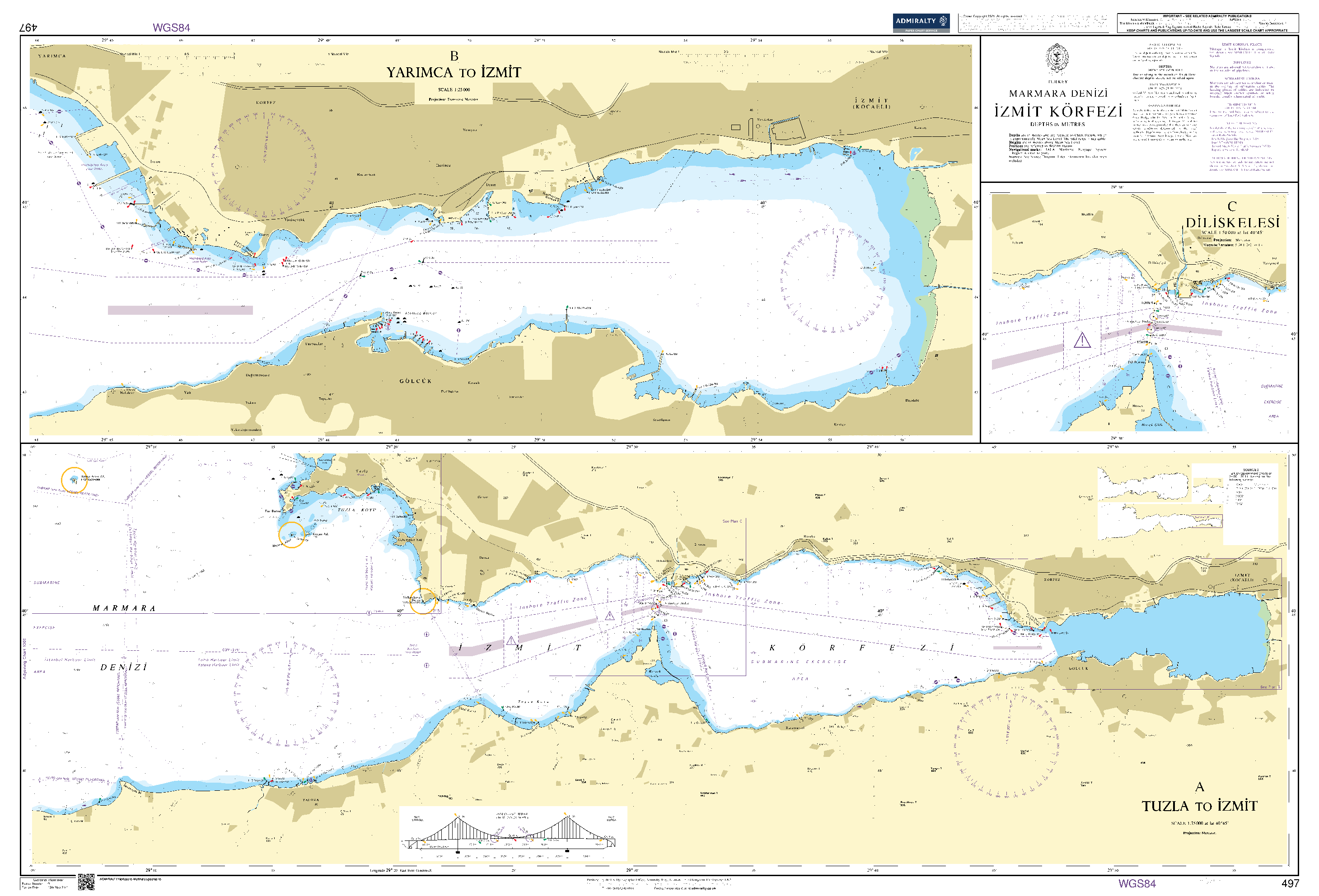 British Admiralty Nautical Chart 497: Turkey - Marmara Denizi, Izmit Körfezi