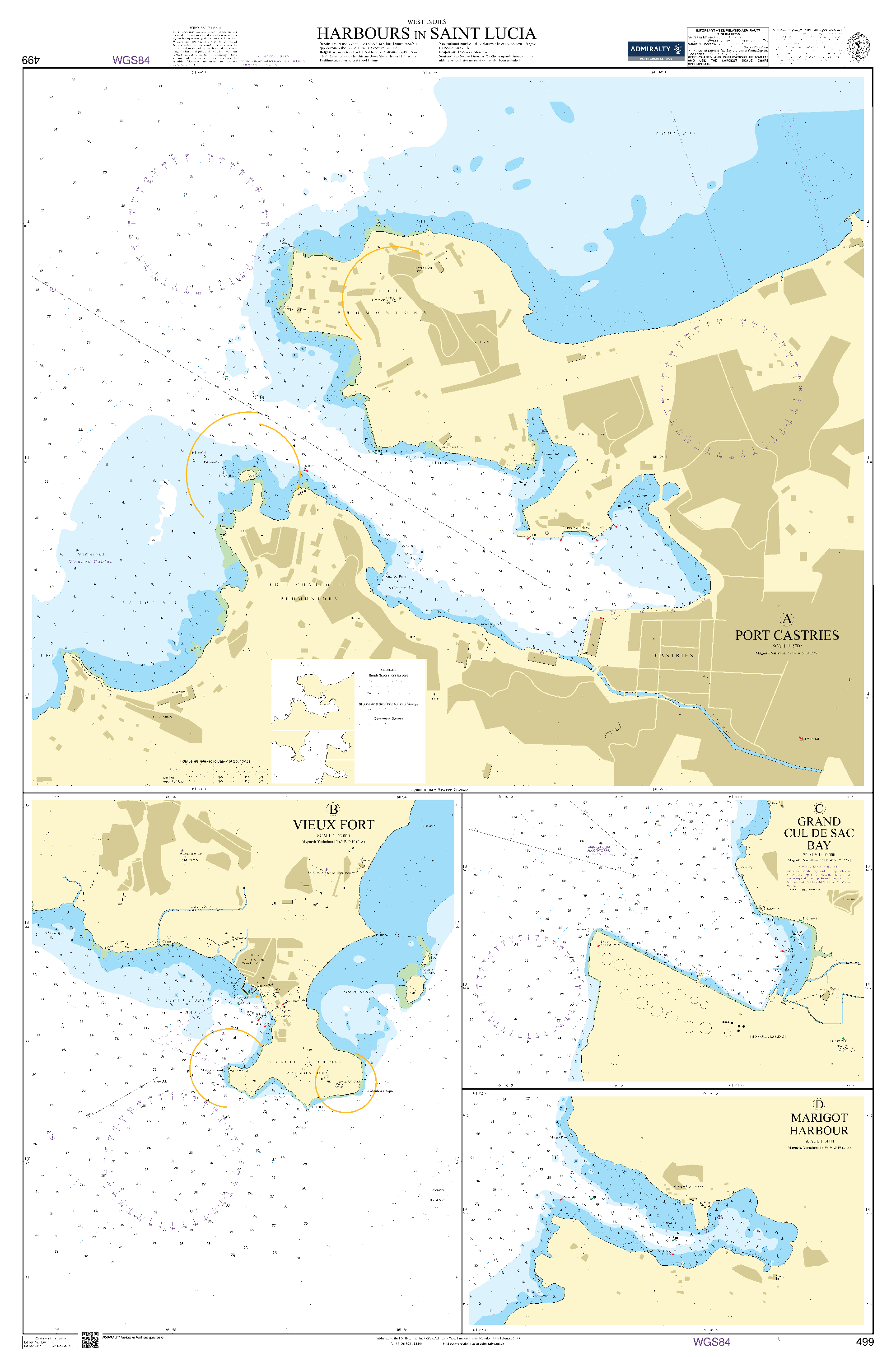 British Admiralty Nautical Chart 499: West Indies, Windward Islands, Harbours in Saint Lucia