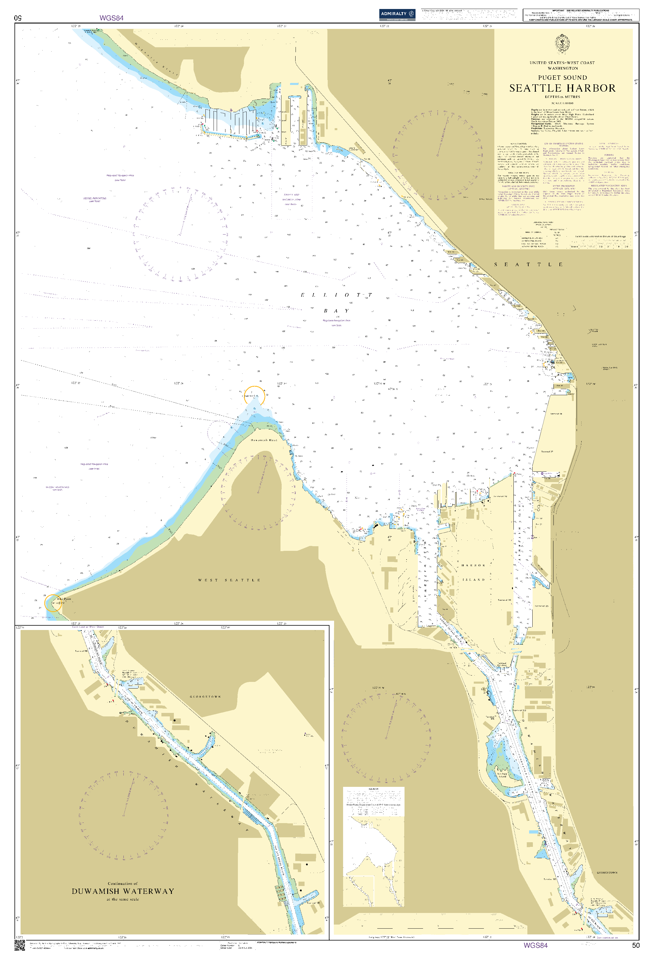 British Admiralty Nautical Chart 50: United States – West Coast, Washington, Puget Sound, Seattle Harbor