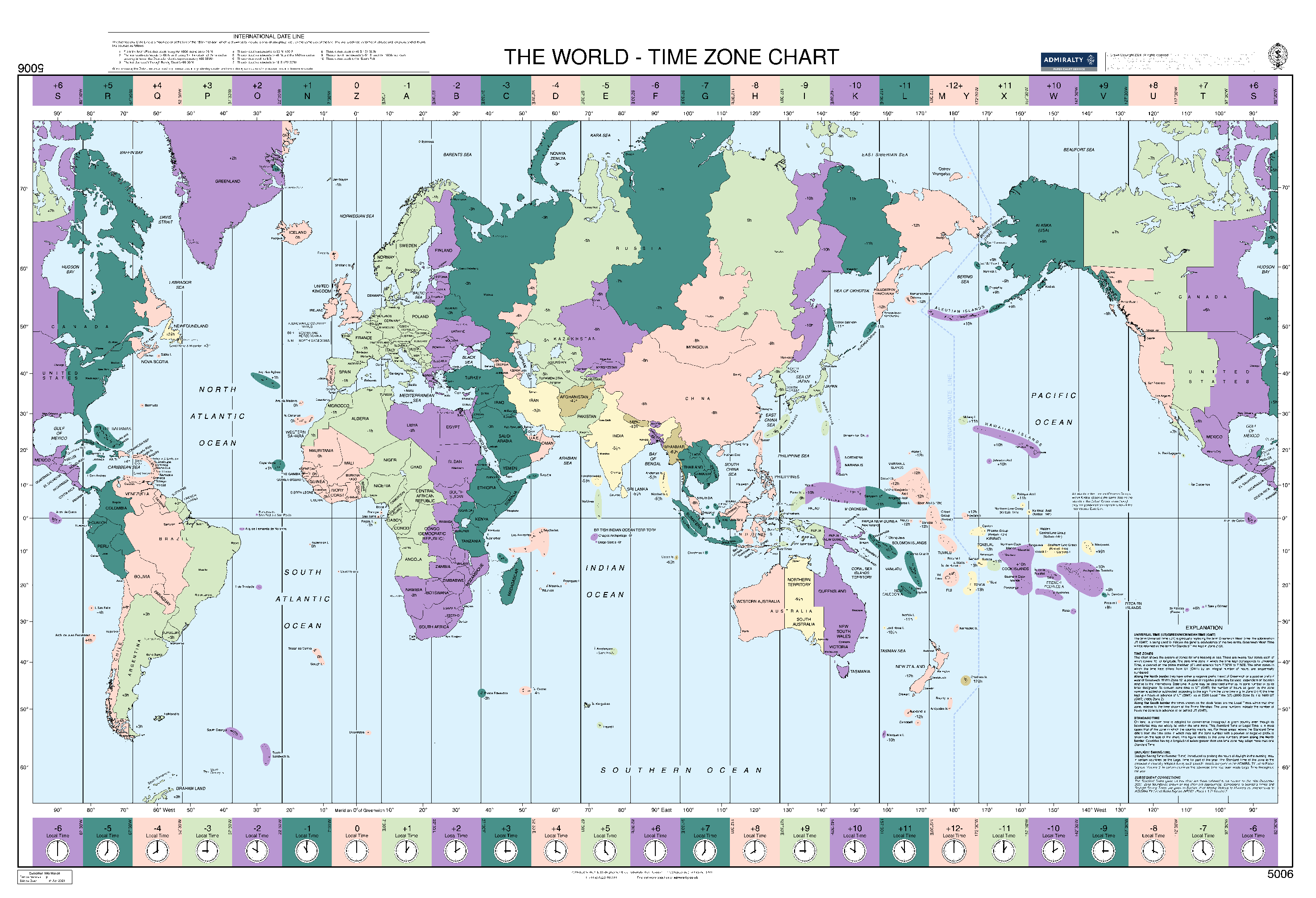 British Admiralty Nautical Chart 5006: The World Time Zone Chart