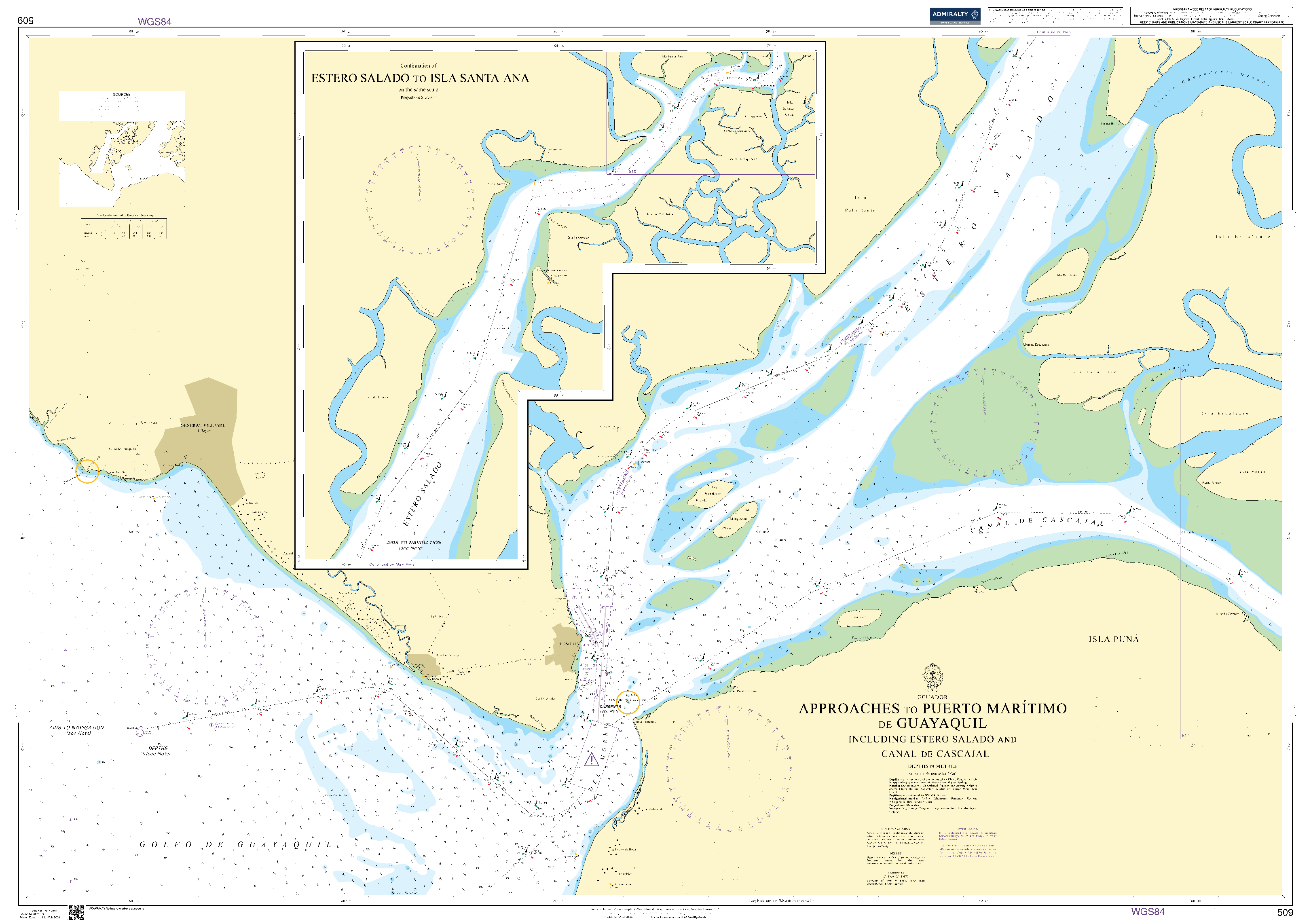 British Admiralty Nautical Chart 509: Ecuador, Approaches to Puerto Marítimo de Guayaquil including Estero Salado and Canal de Cascajal