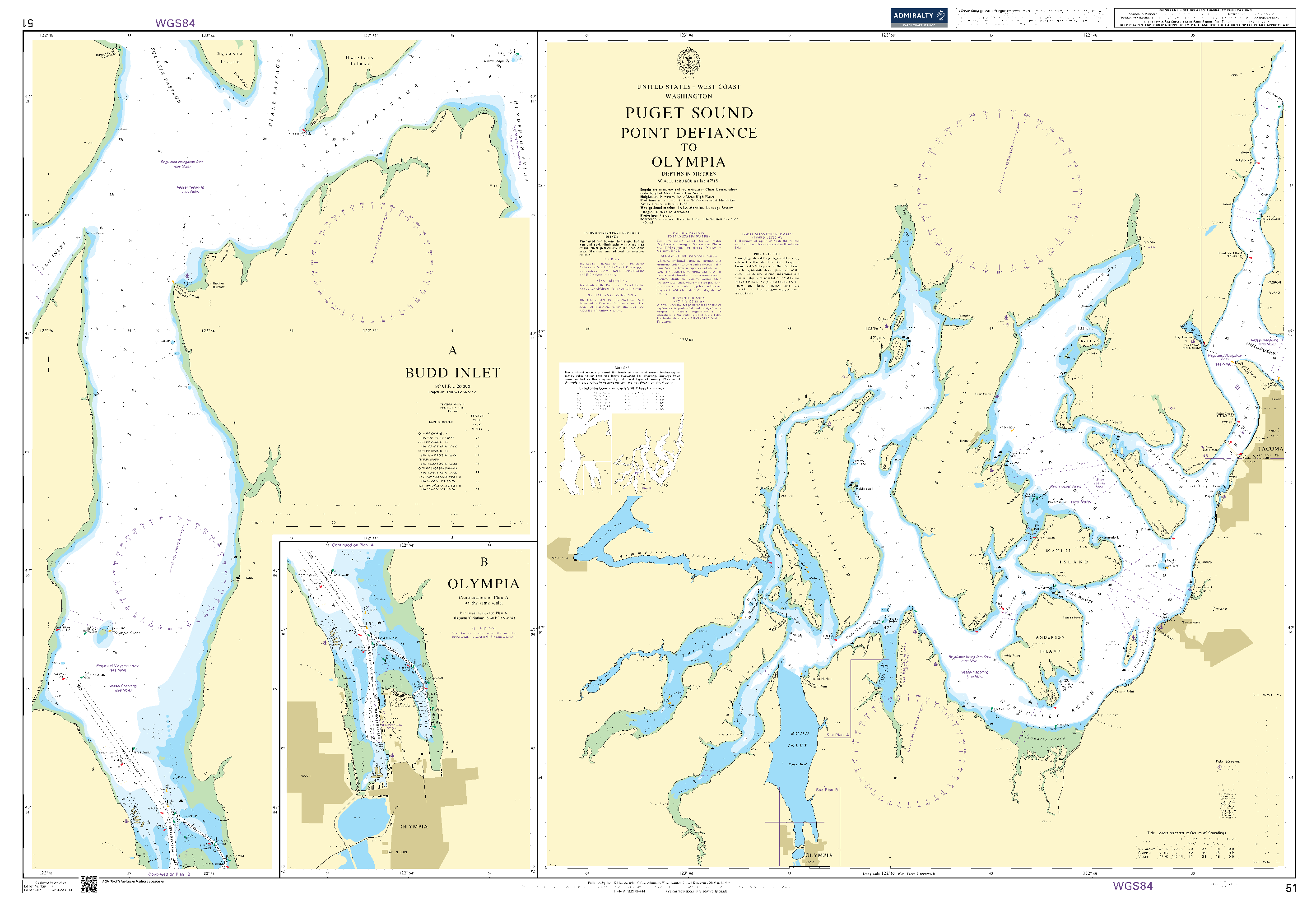 British Admiralty Nautical Chart 51: United States – West Coast, Washington, Puget Sound, Point Defiance to Olympia