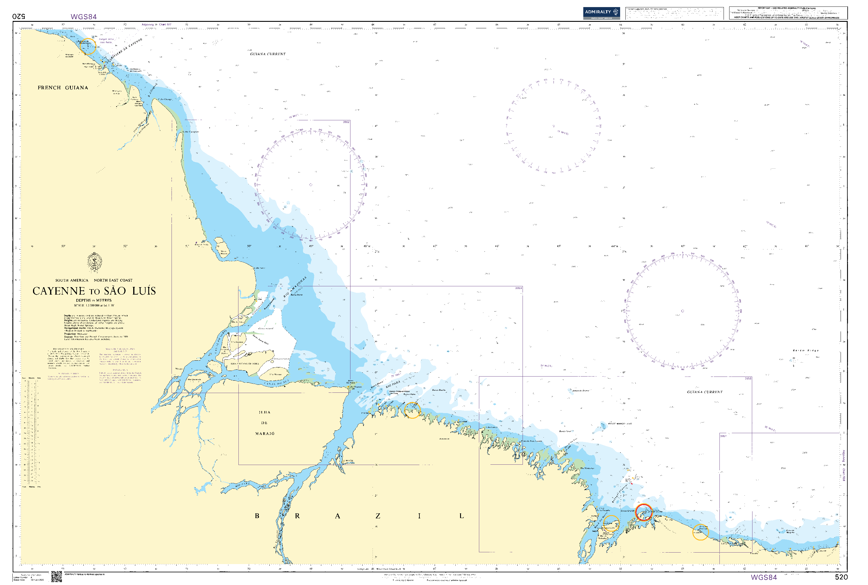 British Admiralty Nautical Chart 520: Cayenne to Sao Luis