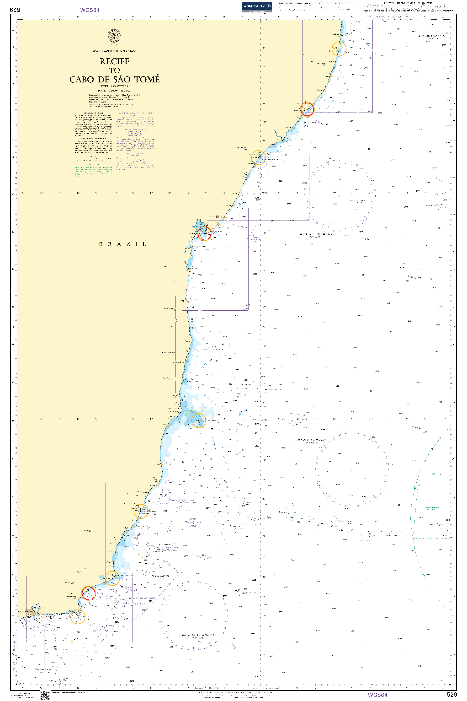 British Admiralty Nautical Chart  529: Brazil - Southern Coast, Recife to Cabo de São Tomé