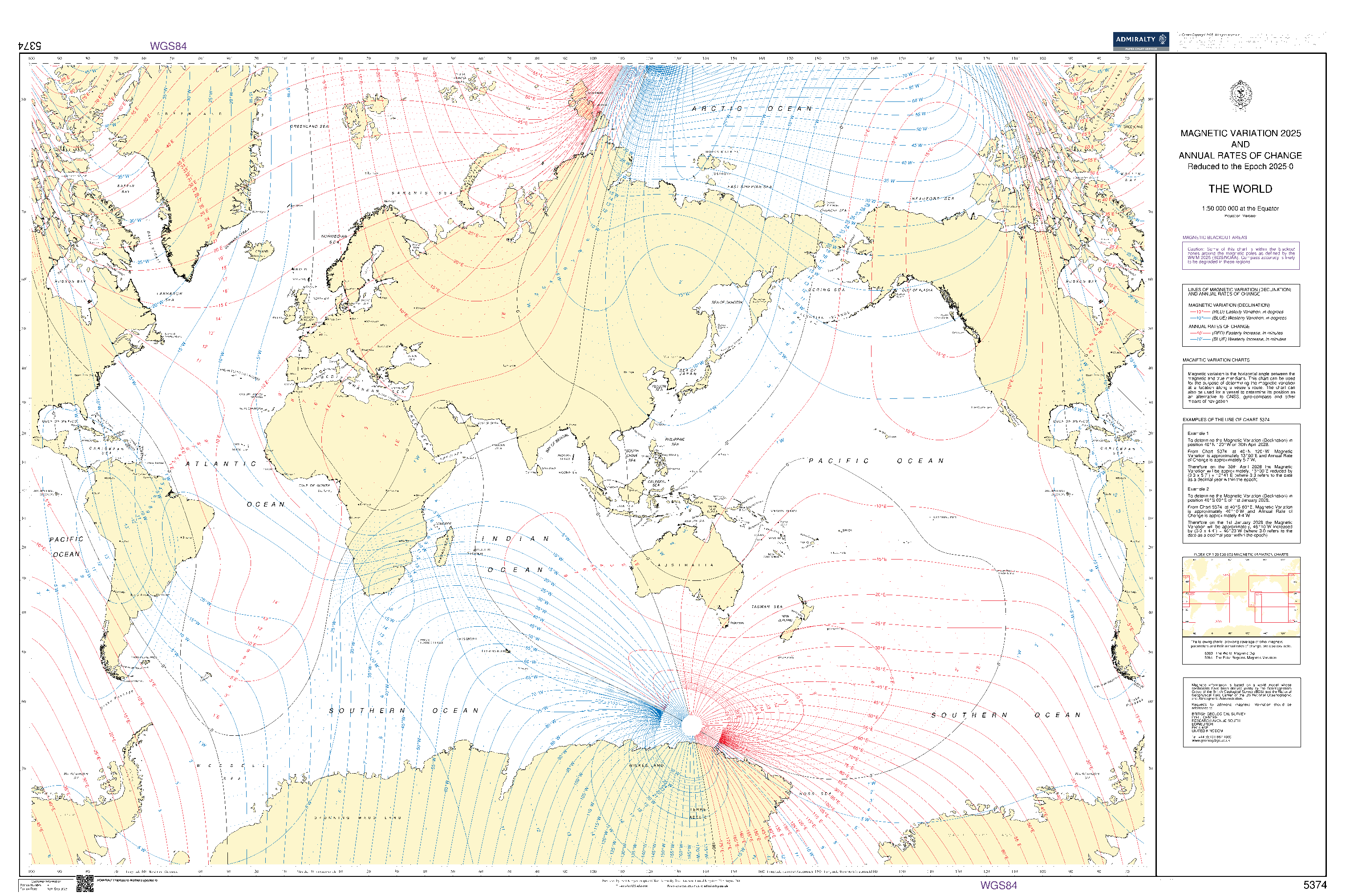 British Admiralty Nautical Chart  5374: The World Magnetic Variation and Annual Rates of Change