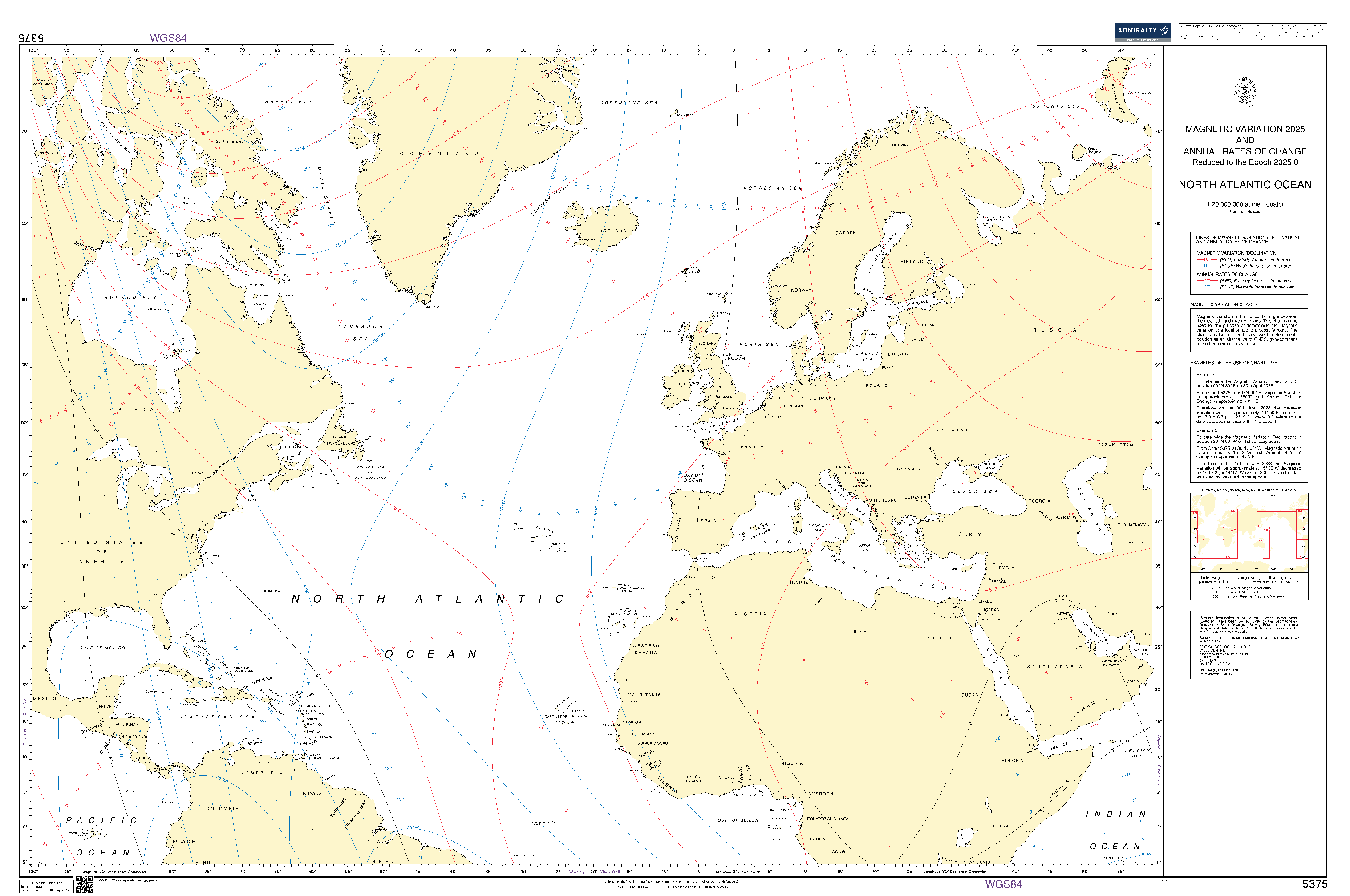 British Admiralty Nautical Chart 5375: Magnetic Variation and Annual Rates of Change - North Atlantic Ocean and Mediterranean Sea