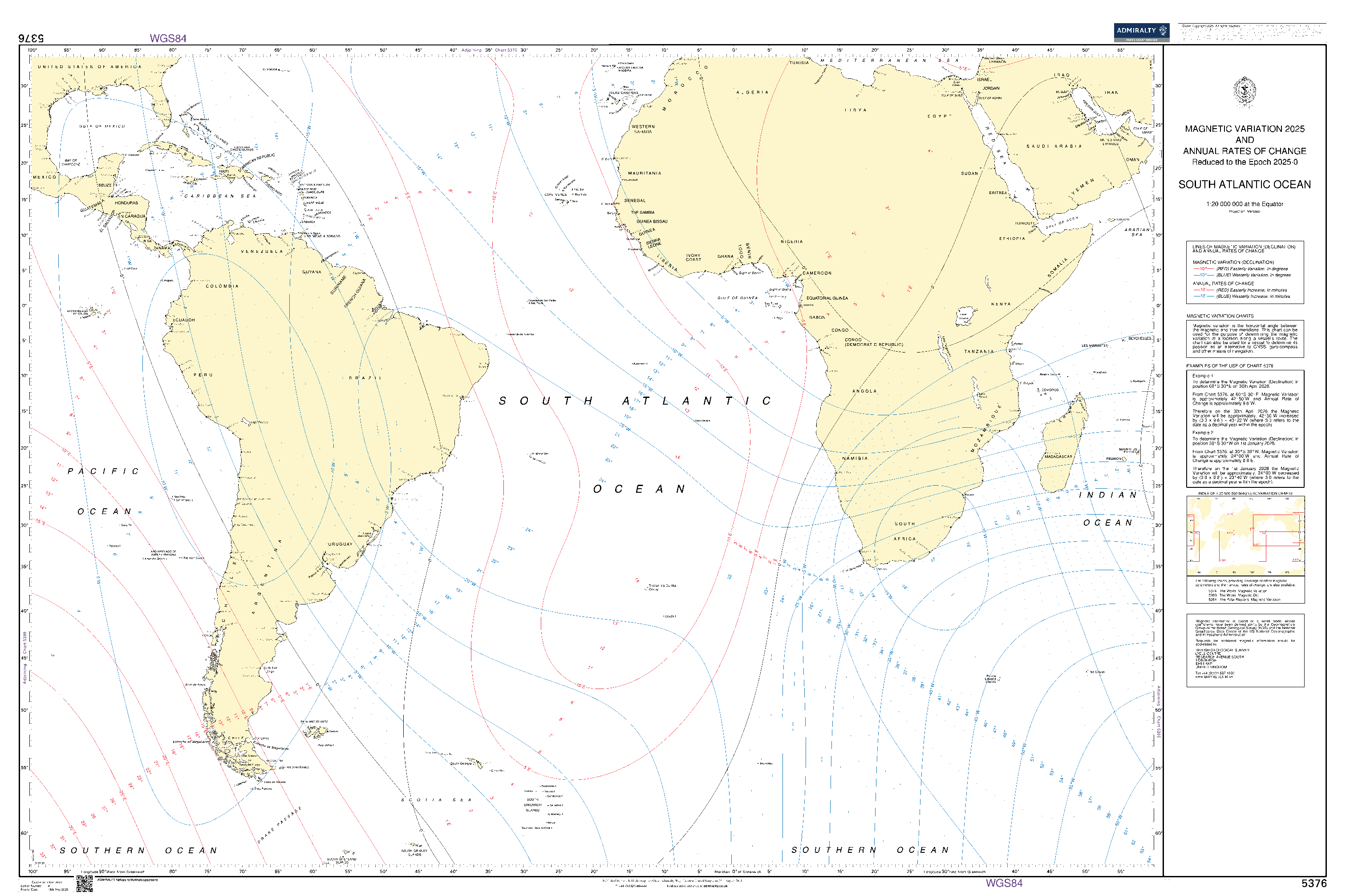 British Admiralty Nautical Chart 5376: South Atlantic Ocean Magnetic Variation and Annual Rates of Change