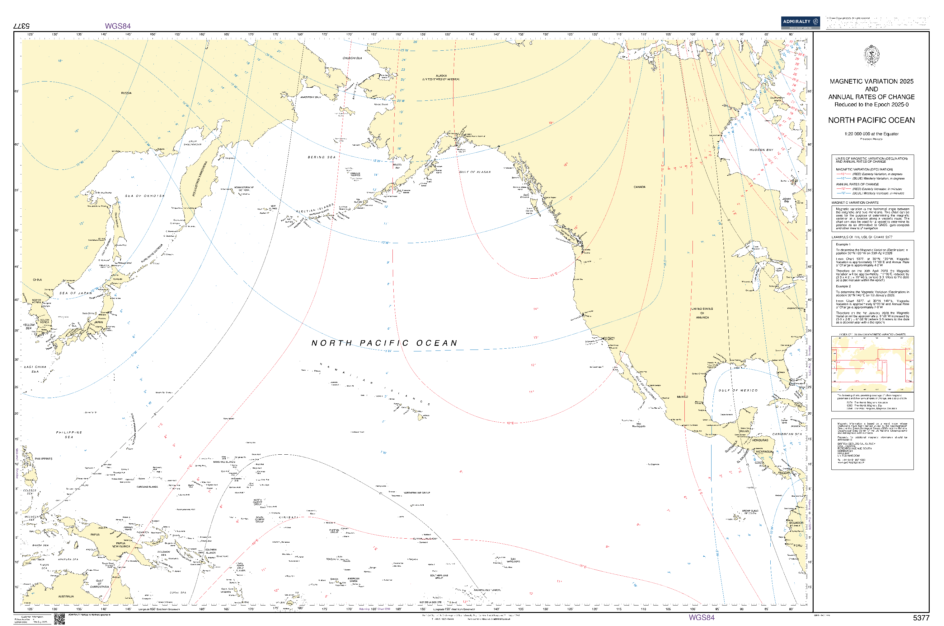 British Admiralty Nautical Chart 5377: Magnetic Variation and Annual rates of Change - North Pacific Ocean