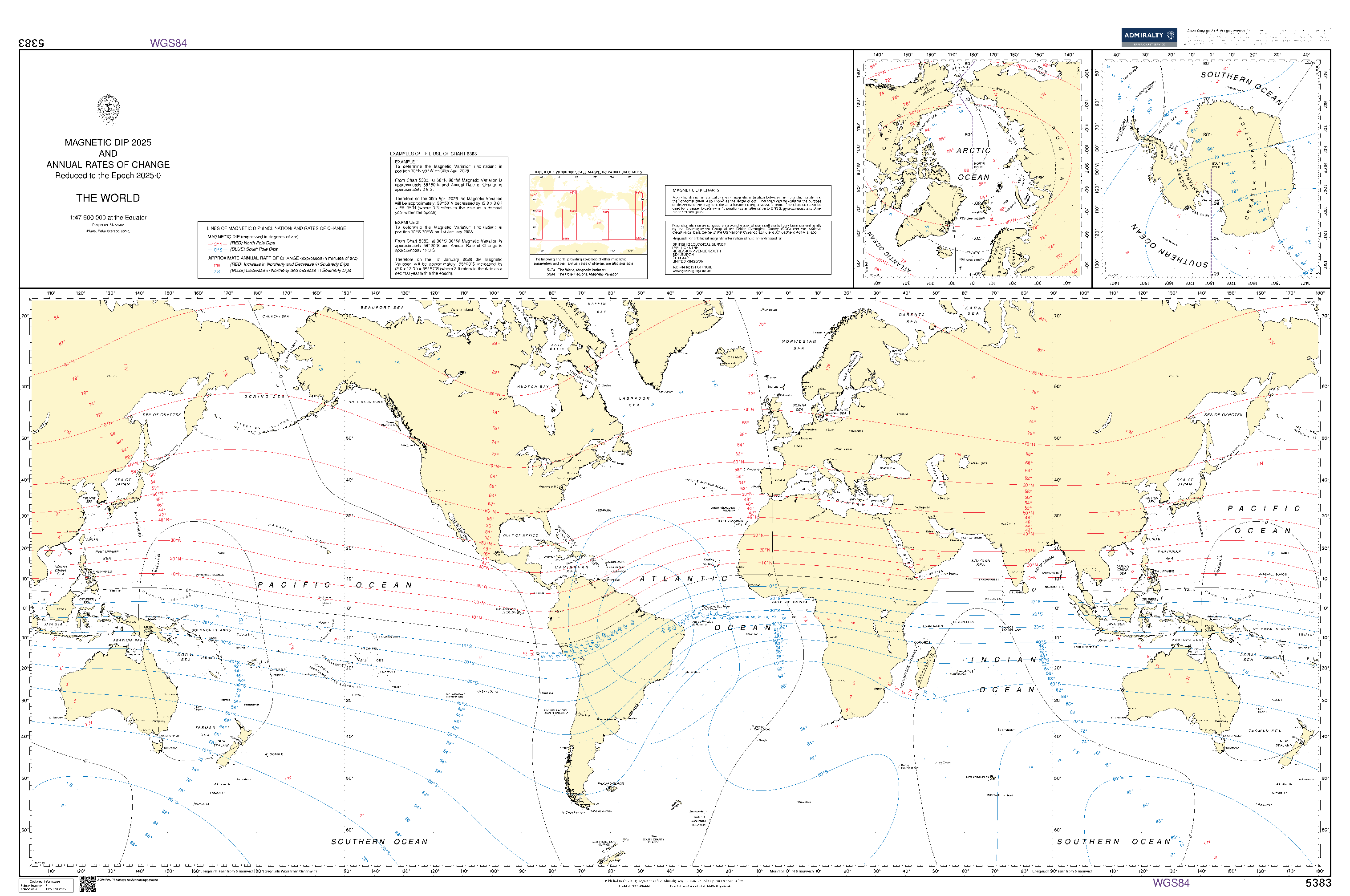British Admiralty Nautical Chart 5383: The World Magnetic Dip and Annual Rates of Change