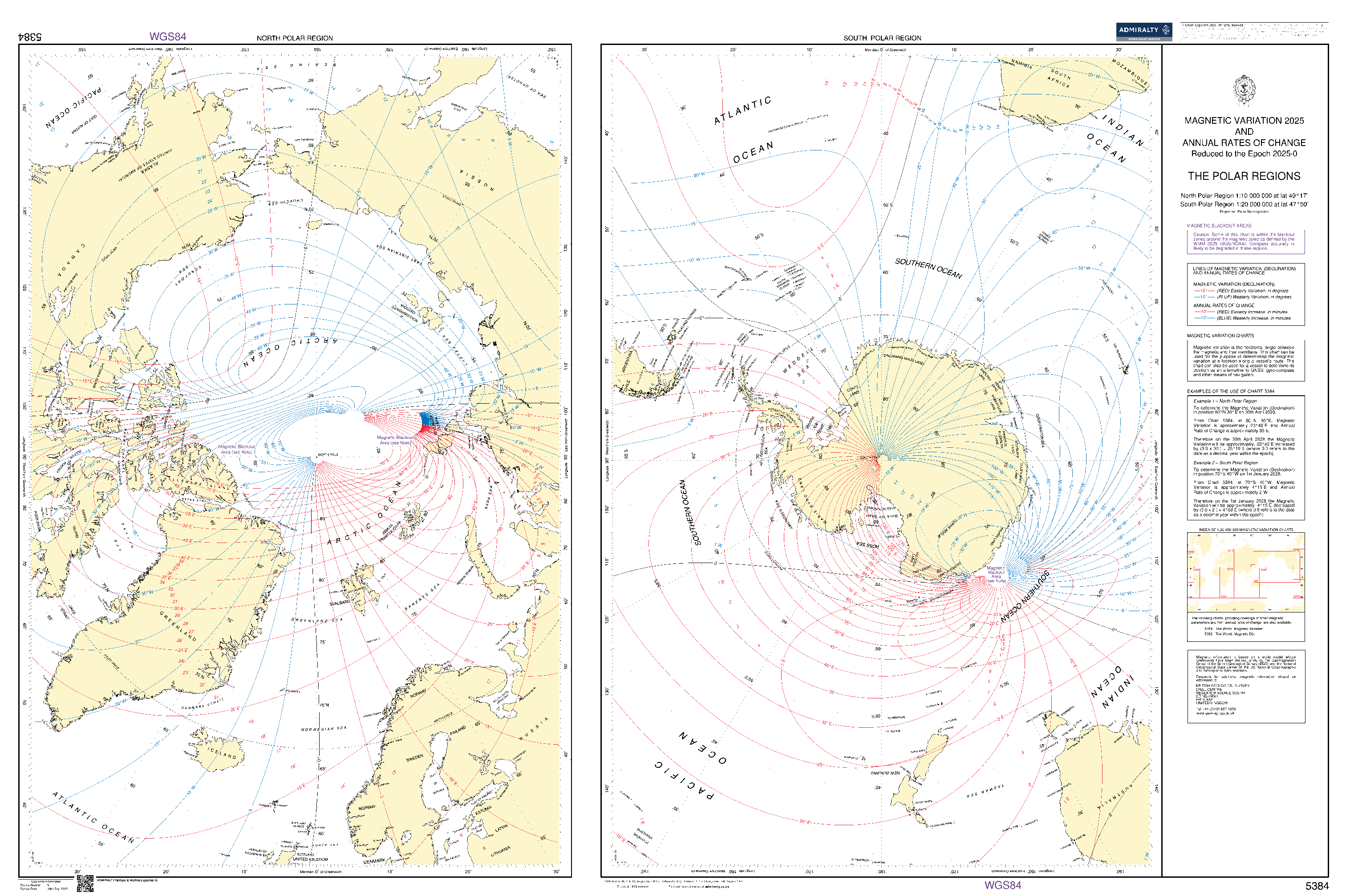British Admiralty Nautical Chart  5384: The Polar Regions Magnetic Variation and Annual Rates of Change