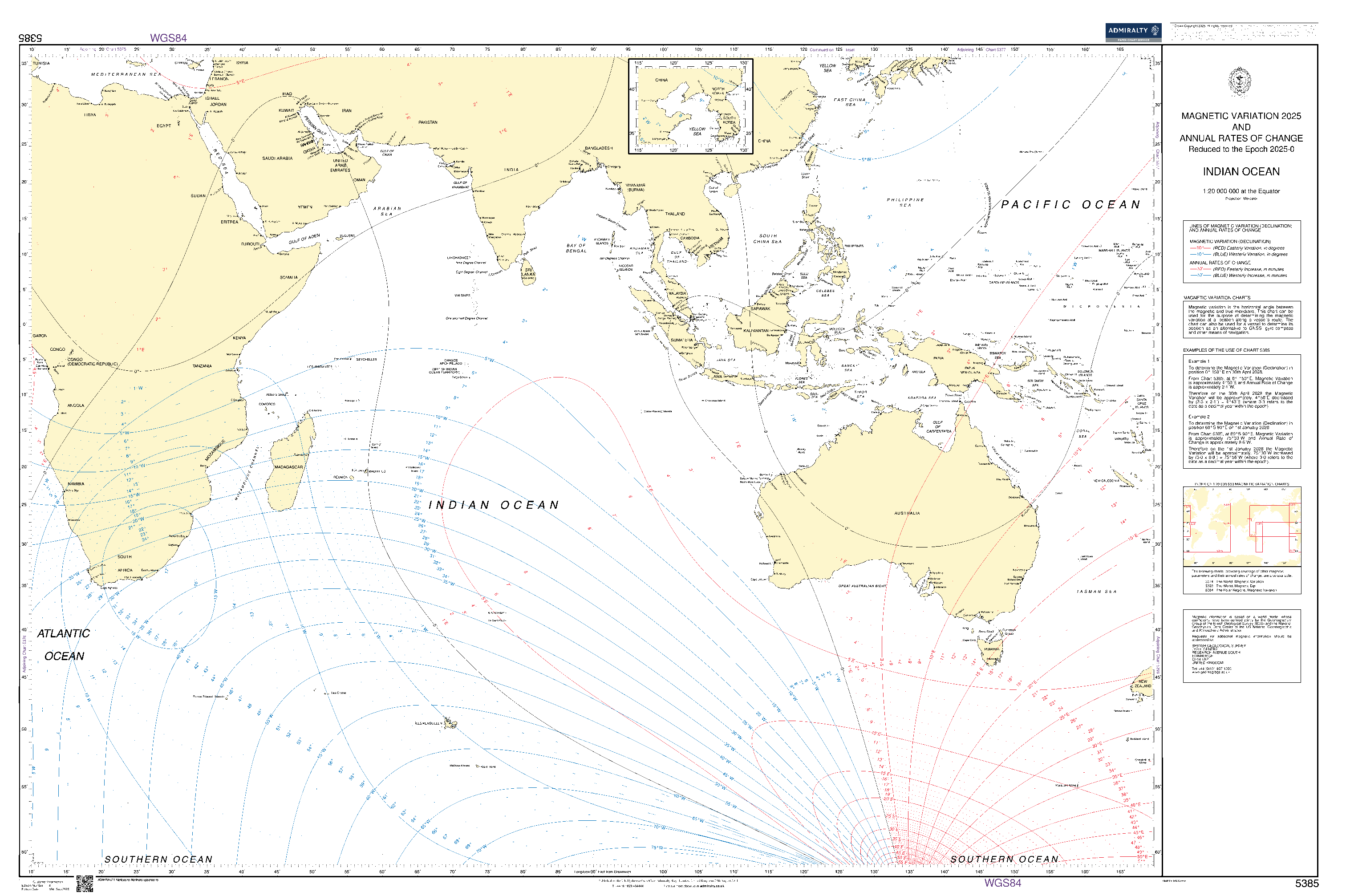 British Admiralty Nautical Chart 5385: Magnetic Variation and Annual Rates of Change - Indian Ocean