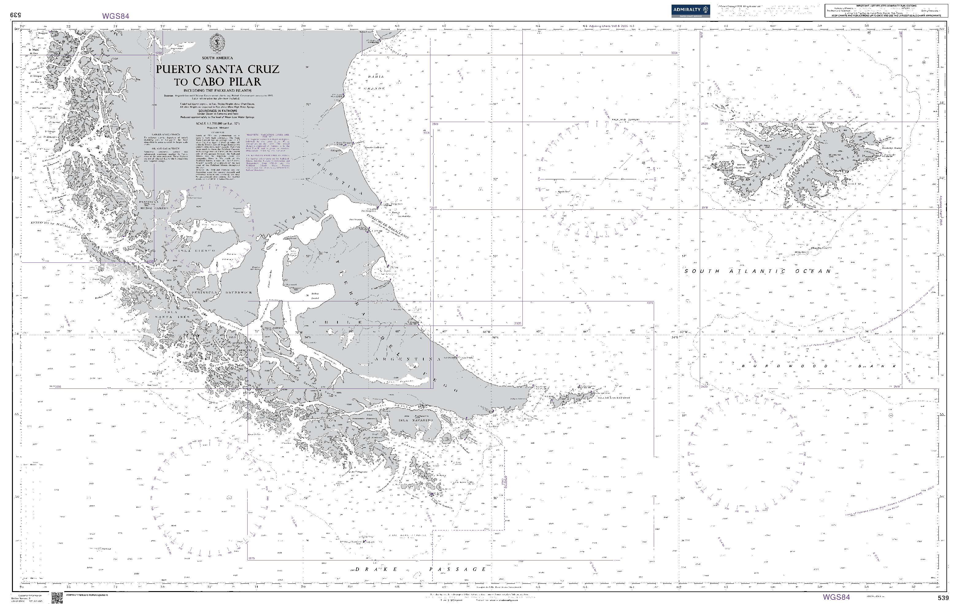 British Admiralty Nautical Chart 539: Puerto Santa Cruz to Cabo Pilar including the Falkland Islands
