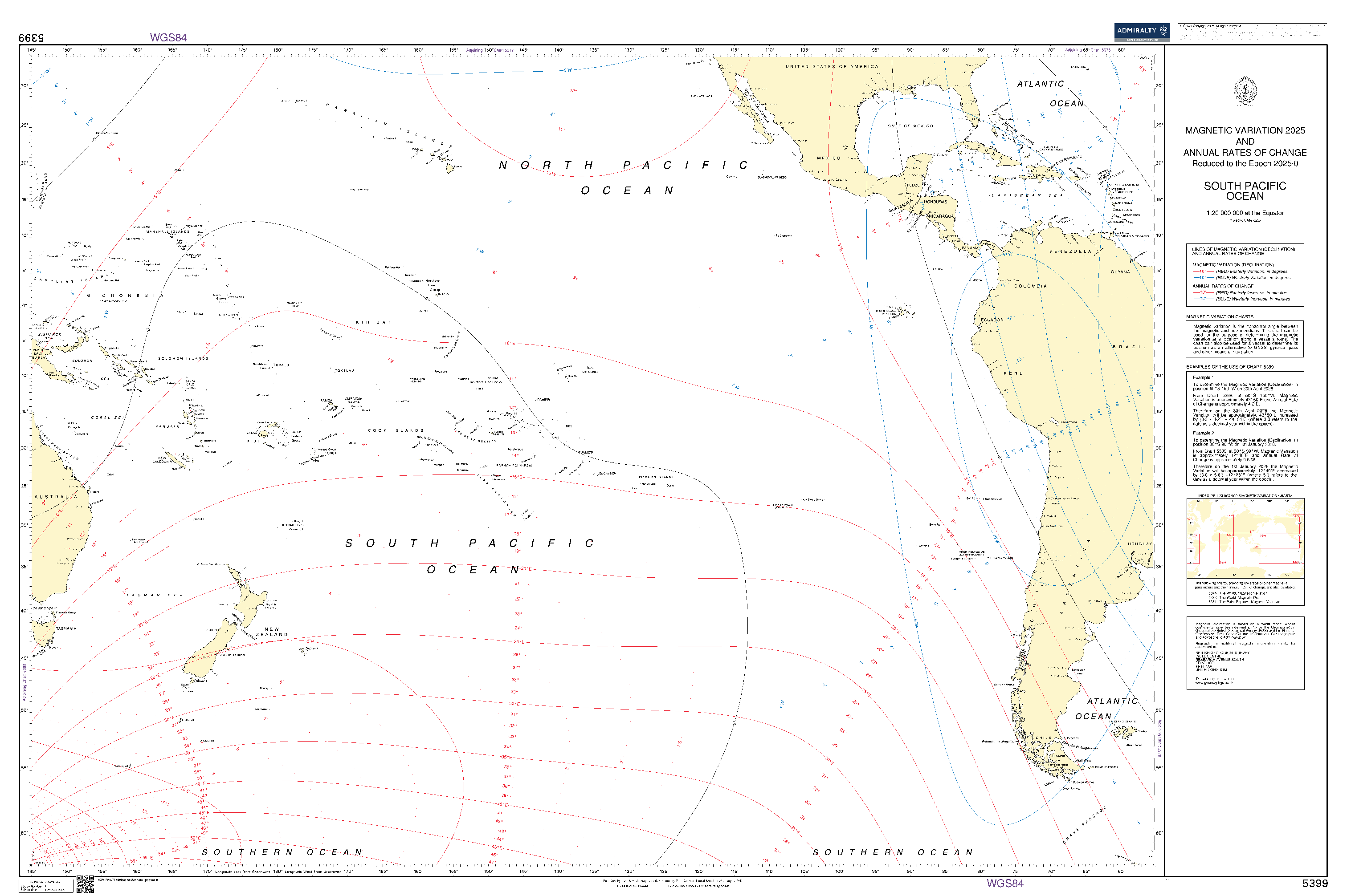 British Admiralty Nautical Chart 5399: The South Pacific Ocean Magnetic Variations and Annual Rates of Change