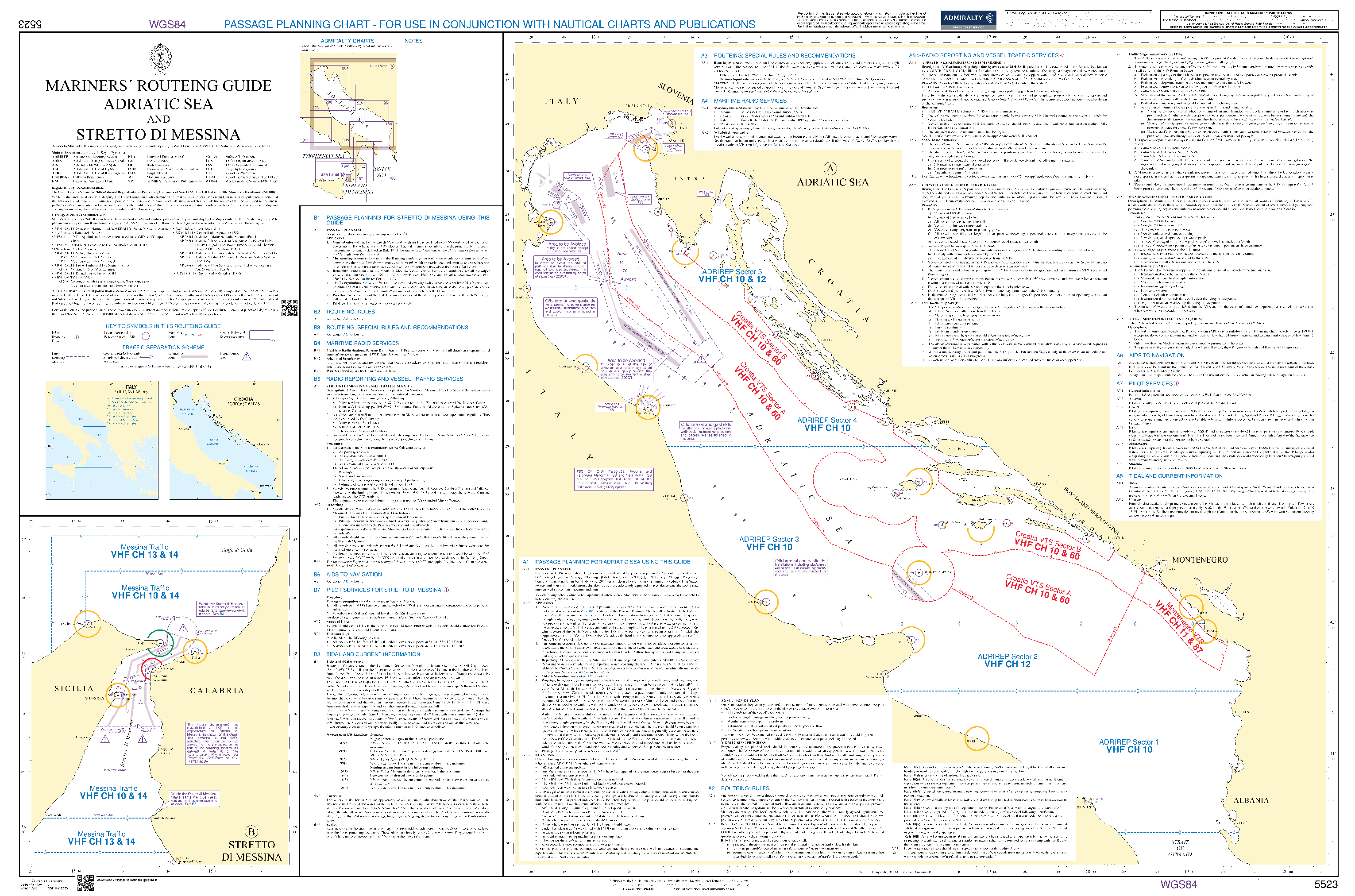 British Admiralty Nautical Chart 5523:Mariners' Routeing Guide Adriatic Sea and Stretto di Messina