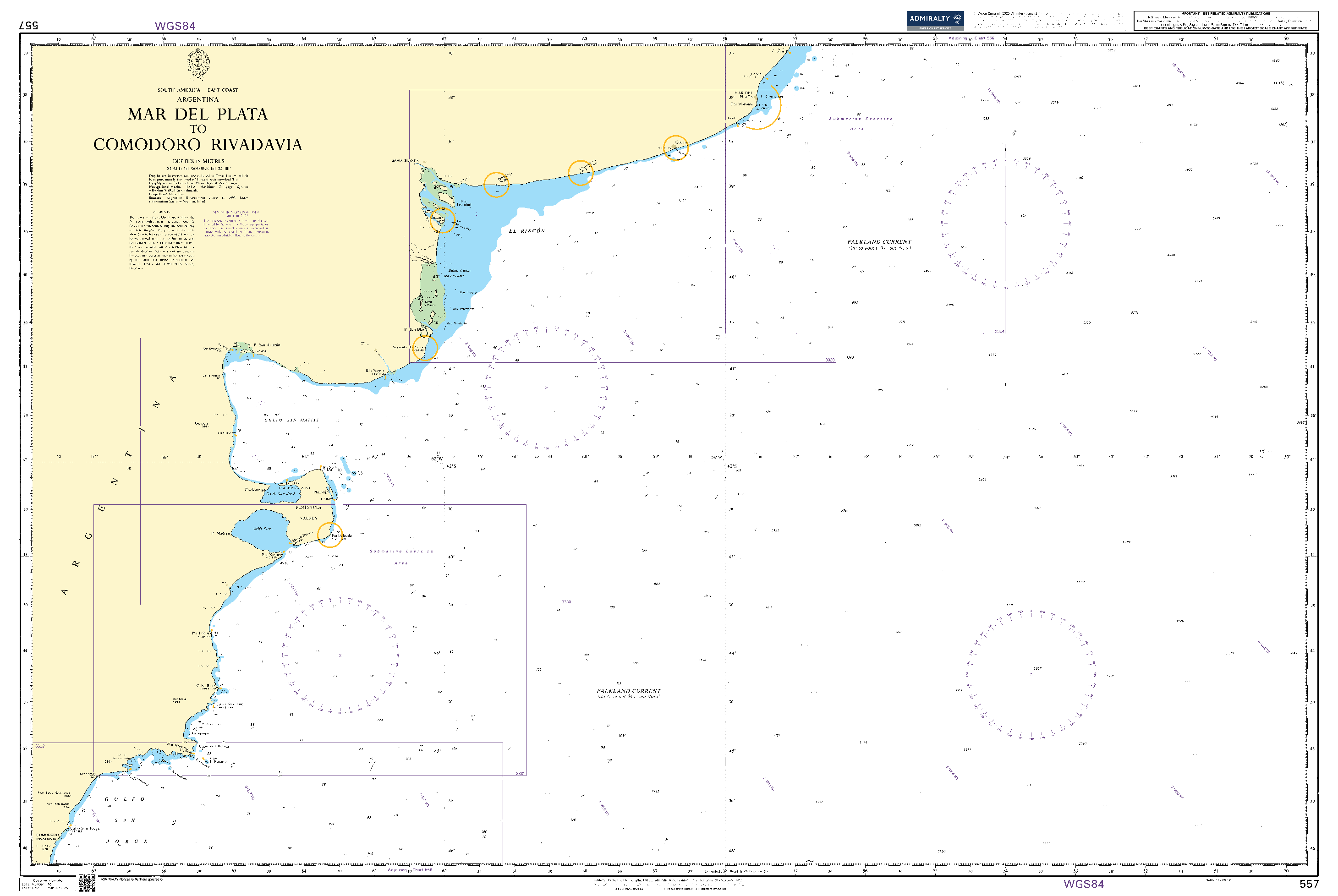 British Admiralty Nautical Chart 557: South America - East Coast, Argentina, Mar del Plata to Comodoro Rivadavia