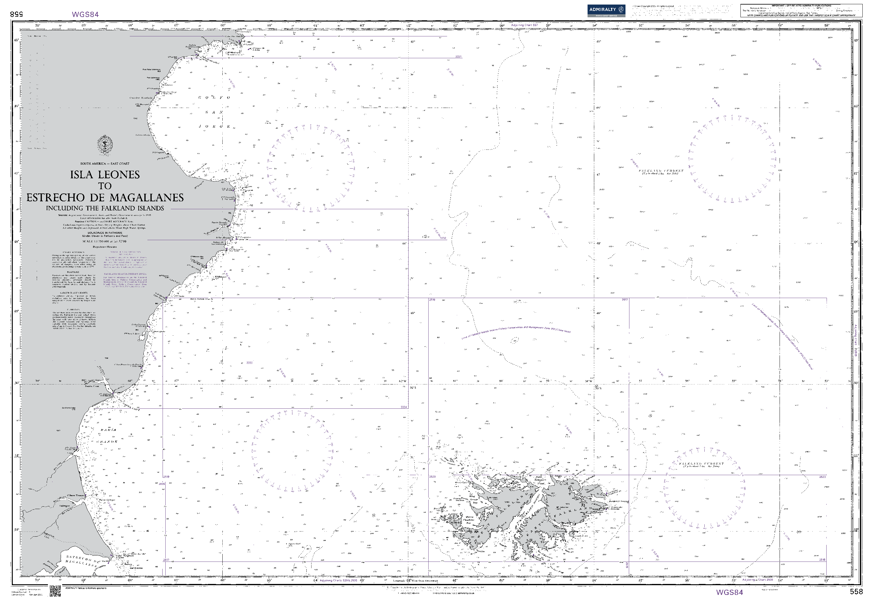British Admiralty Nautical Chart 558: South America - East Coast, Isla Leones to Estrecho de Magallanes Including the Falkland Islands