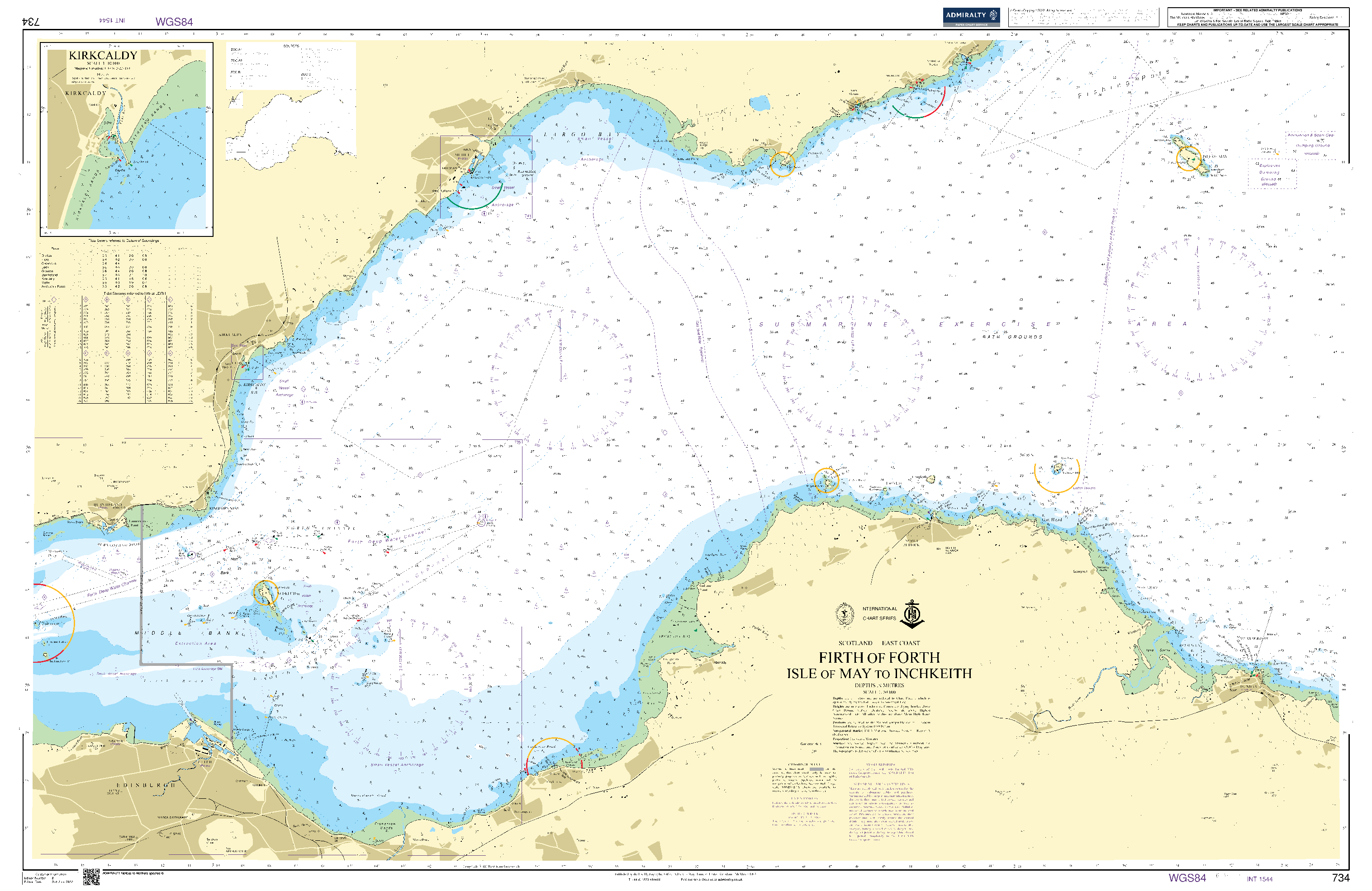 British Admiralty Nautical Chart  734: Scotland – East Coast, Firth of Forth, Isle of May to Inchkeith. Kirkcaldy