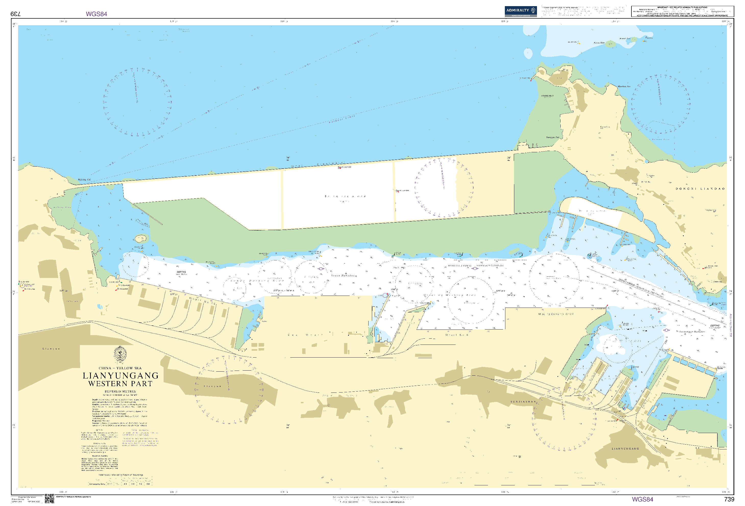 British Admiralty Nautical Chart  739: China - Yellow Sea, Lianyungang, Western Part