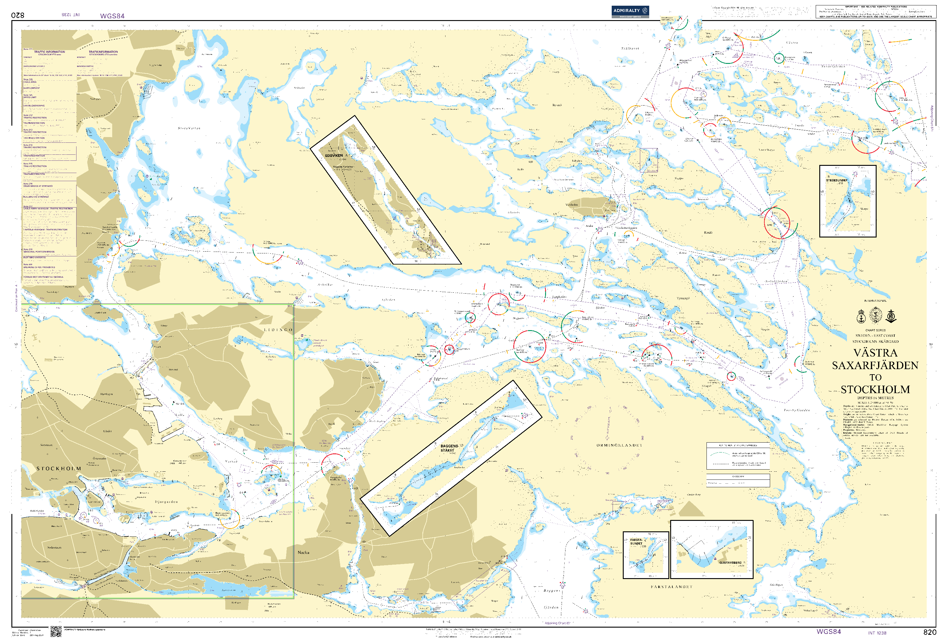 British Admiralty Nautical Chart  820: Sweden – East Coast, Stockholms Skärgård, Västra Saxarfjärden to Stockholm