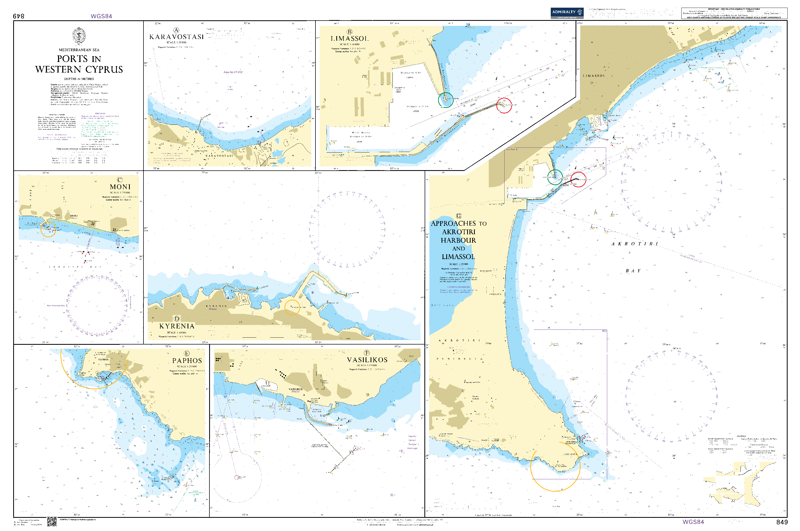 British Admiralty Nautical Chart  849: Mediterranean Sea - Ports in Western Cyprus