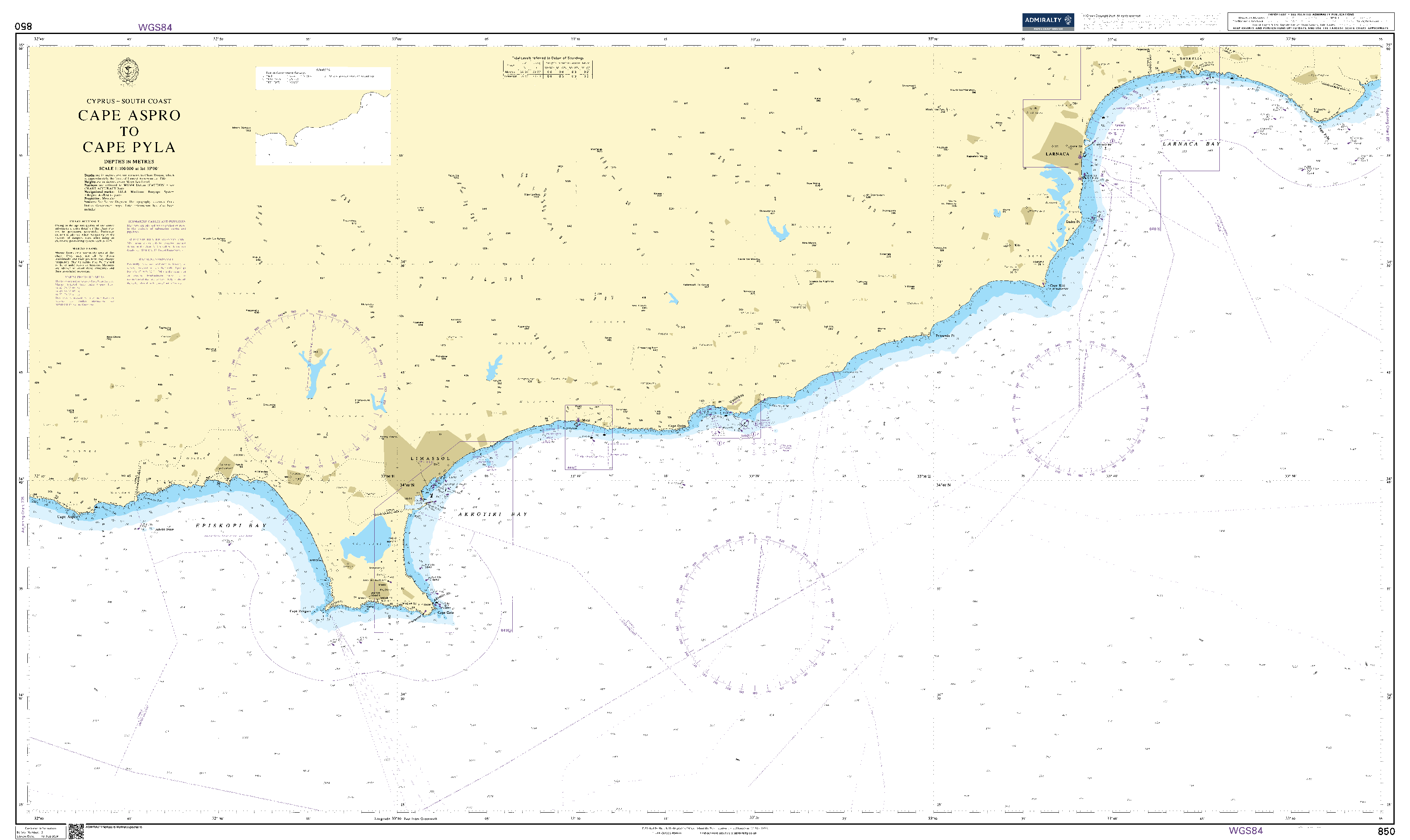 British Admiralty Nautical Chart 850: Cape Aspro to Cape Pyla