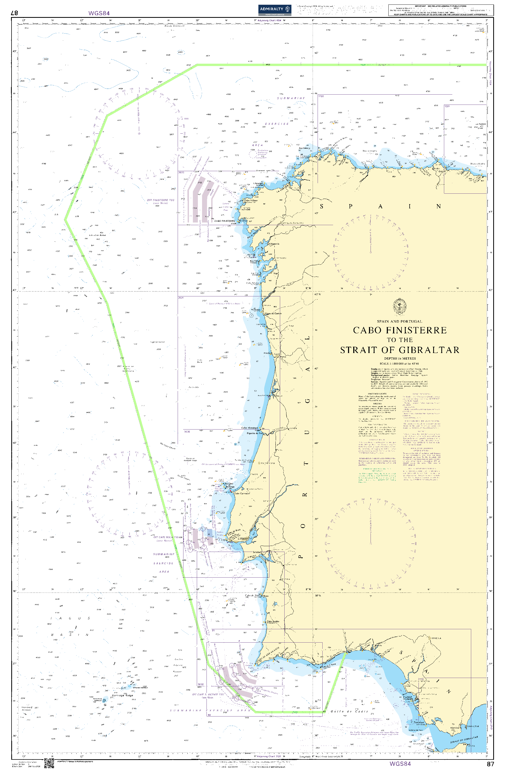 British Admiralty Nautical Chart 87: Spain and Portugal, Cabo Finisterre to the Strait of Gibraltar