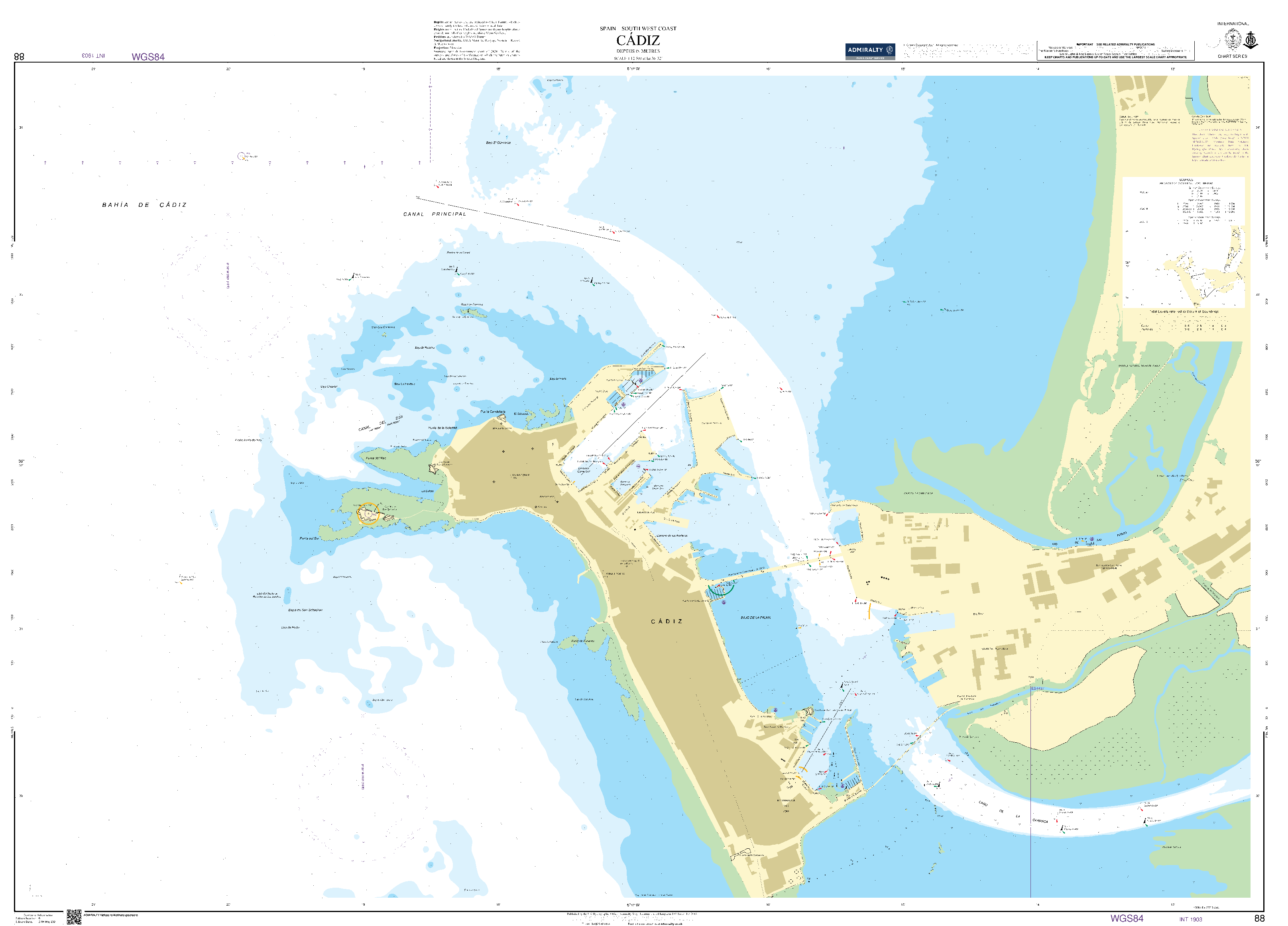 British Admiralty Nautical Chart 88: Spain - South West Coast, Cadiz