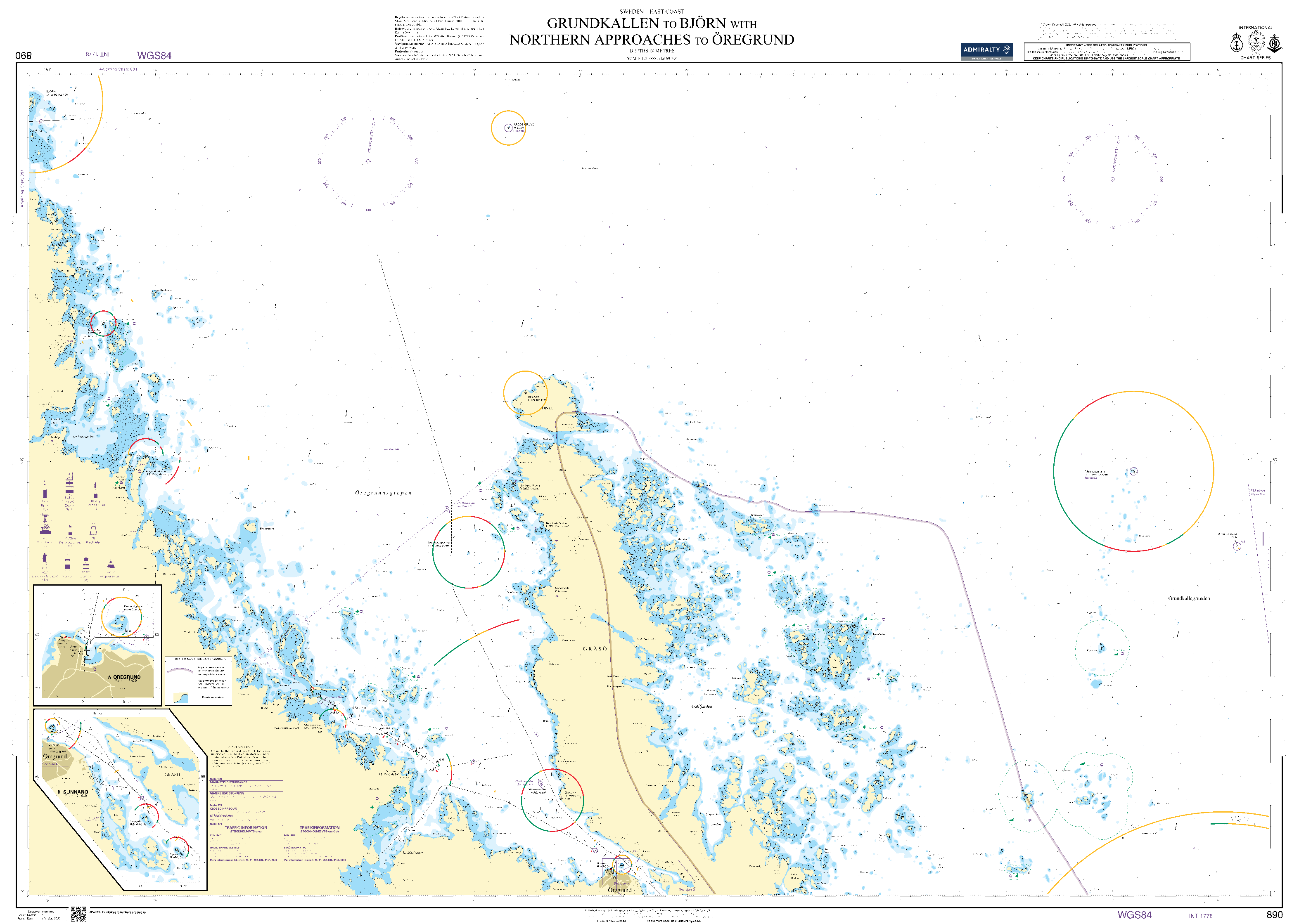 British Admiralty Nautical Chart  890: Sweden – East Coast, Grundkallen to Björn with Northern Approaches to Öregrund