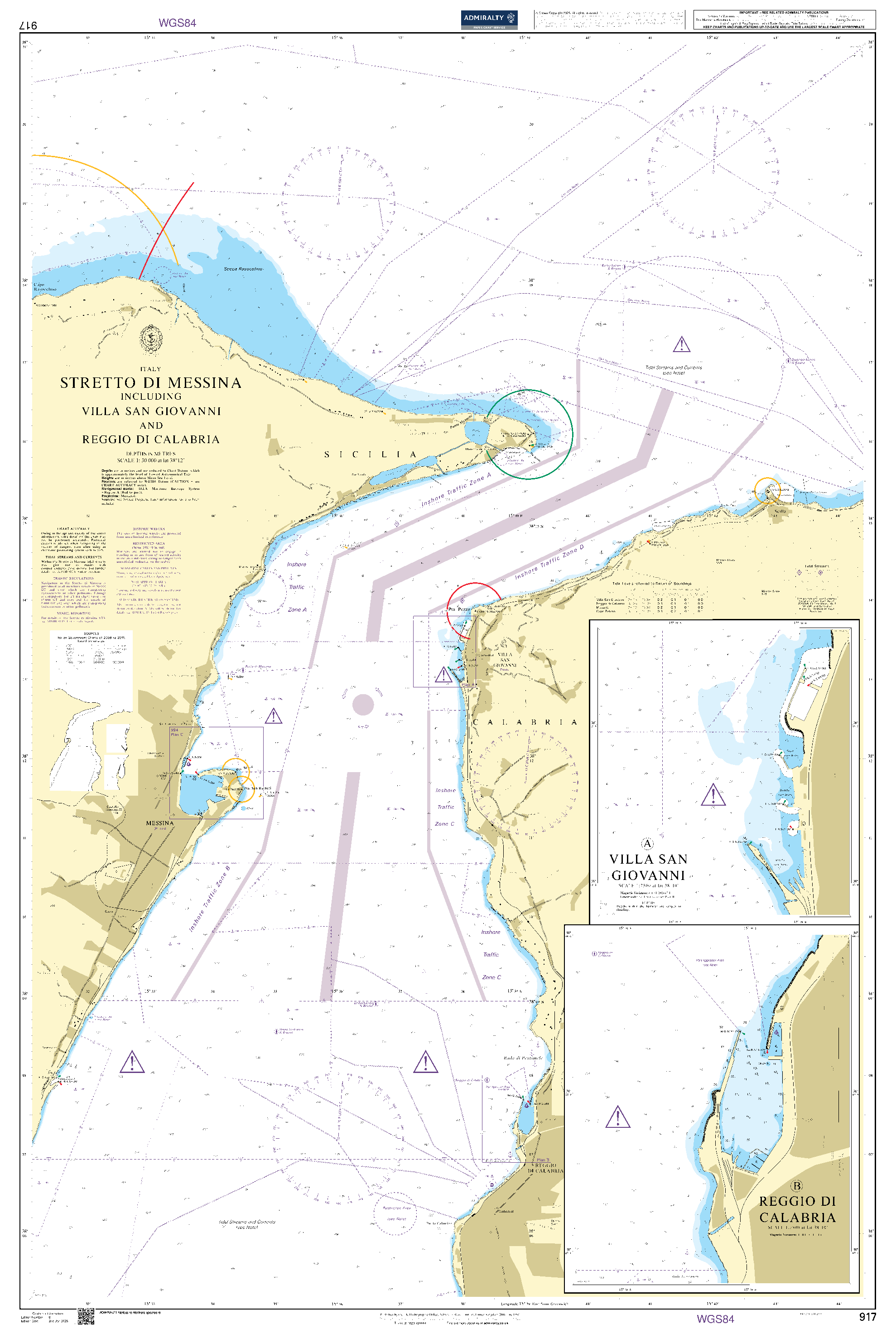 British Admiralty Nautical Chart  917: Italy, Stretto di Messina including Villa San Giovanni and Reggio di Calabria