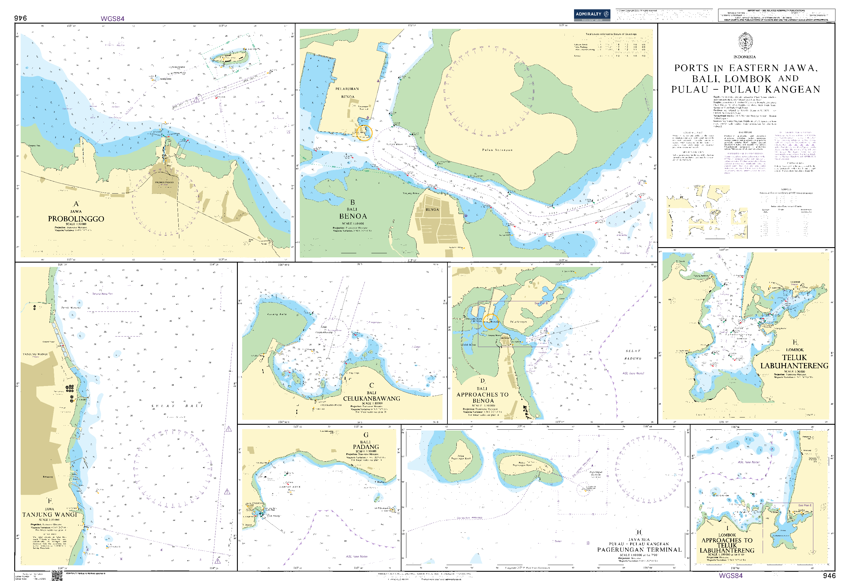 British Admiralty Nautical Chart 946: Indonesia, Ports in Eastern Jawa, Bali, Lombok and Pulau - Pulau Kangean
