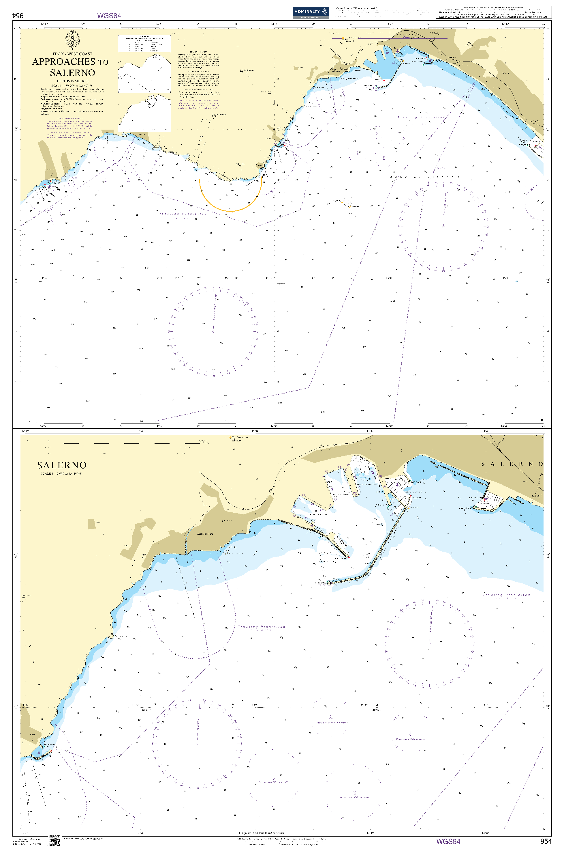 British Admiralty Nautical Chart 954: Approaches to Salerno
