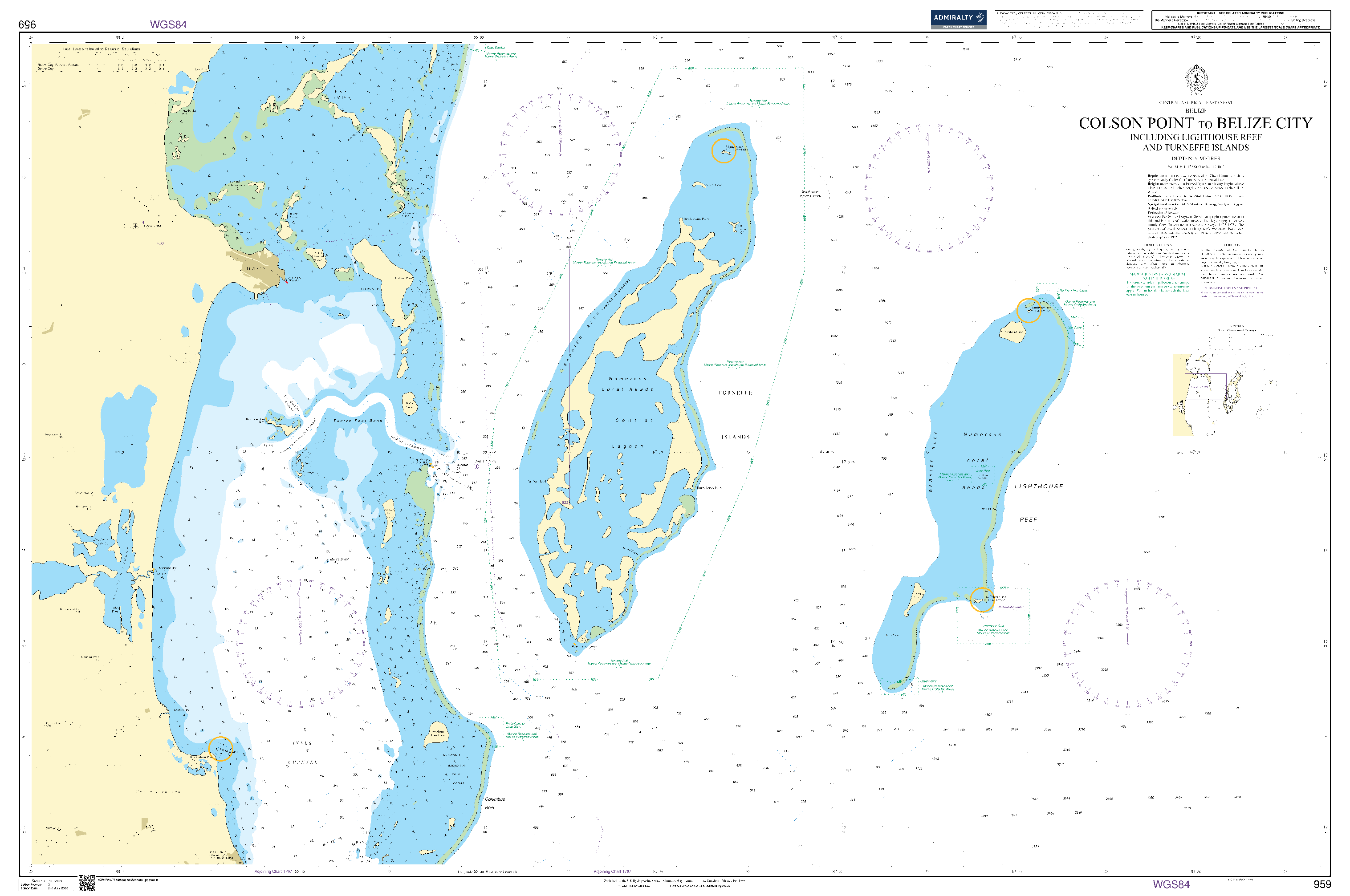 British Admiralty Nautical Chart 959: Colson Point to Belize City including Lighthouse Reef and Turneffe Islands
